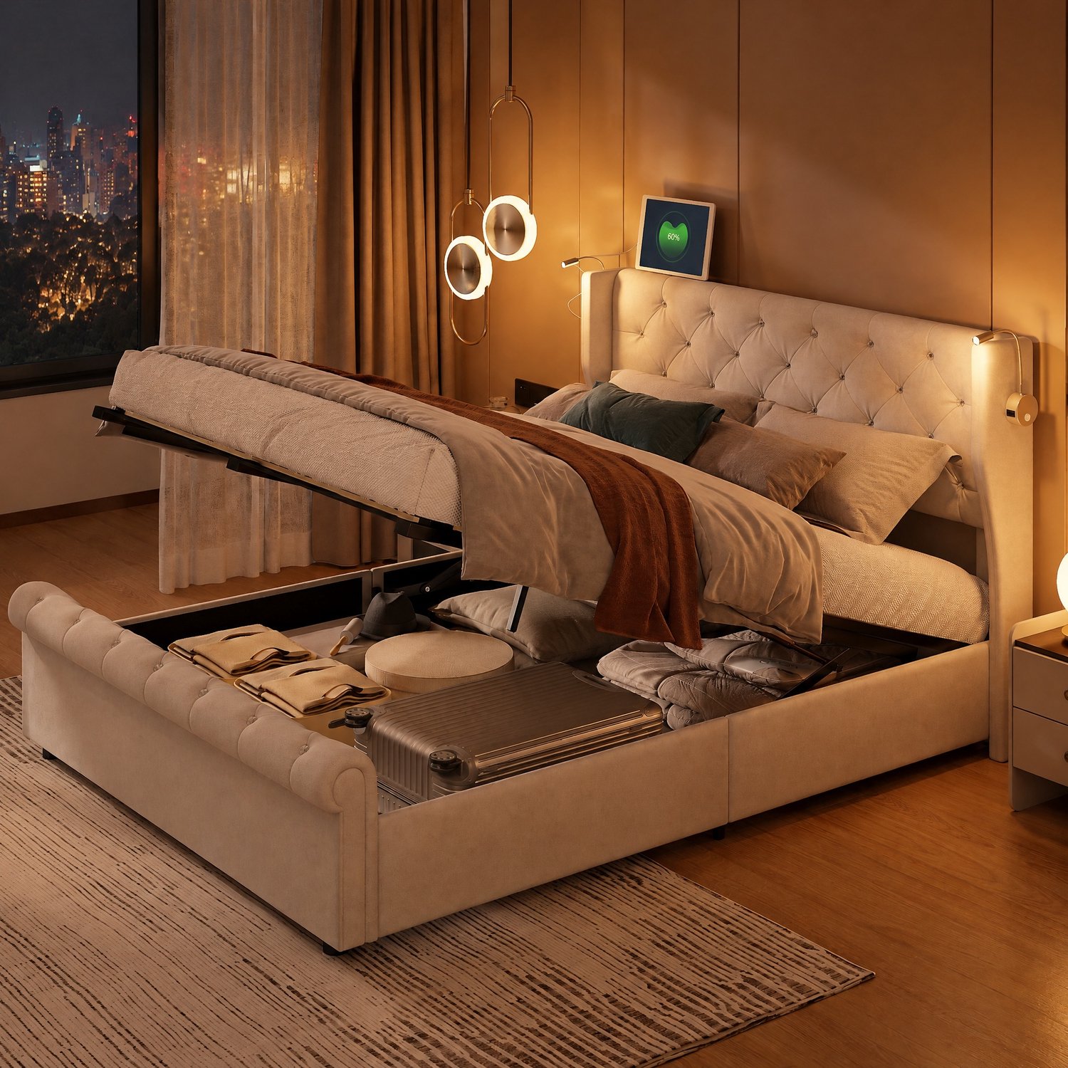 MEXUS Gestoffeerd bed 160x200 cm met leeslampjes en USB-aansluitingen, Opbergbed Tweepersoonsbed met Hydraulische Opbergruimte en Lattenbodem, fluweel, zonder matras, Beige