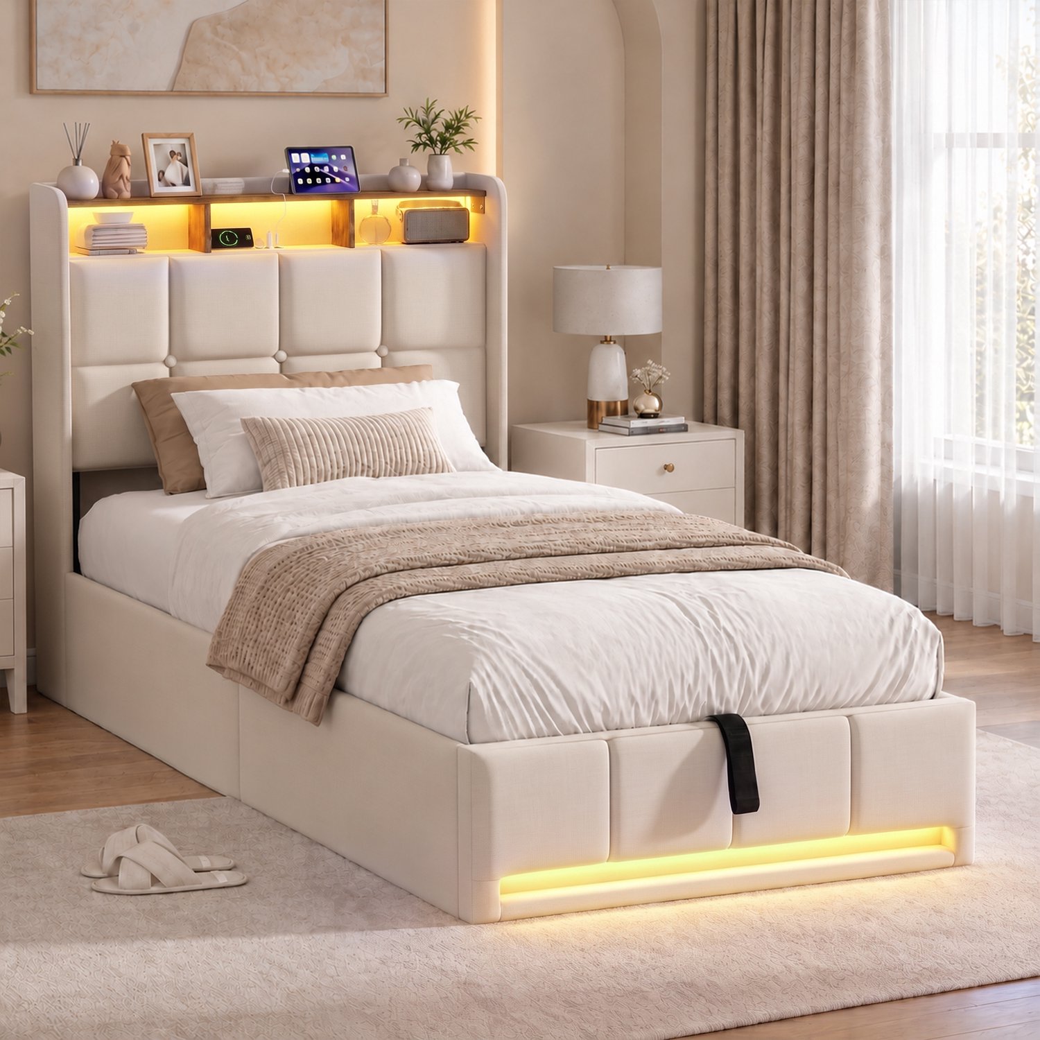 Yelenaro Eenpersoonsbed 90x200 cm, Gestoffeerd Bed met Lattenbodem, Hydraulisch opbergbed, Led Verlichting, USB & Type-C Poorten, Beige linnen, Zonder matras