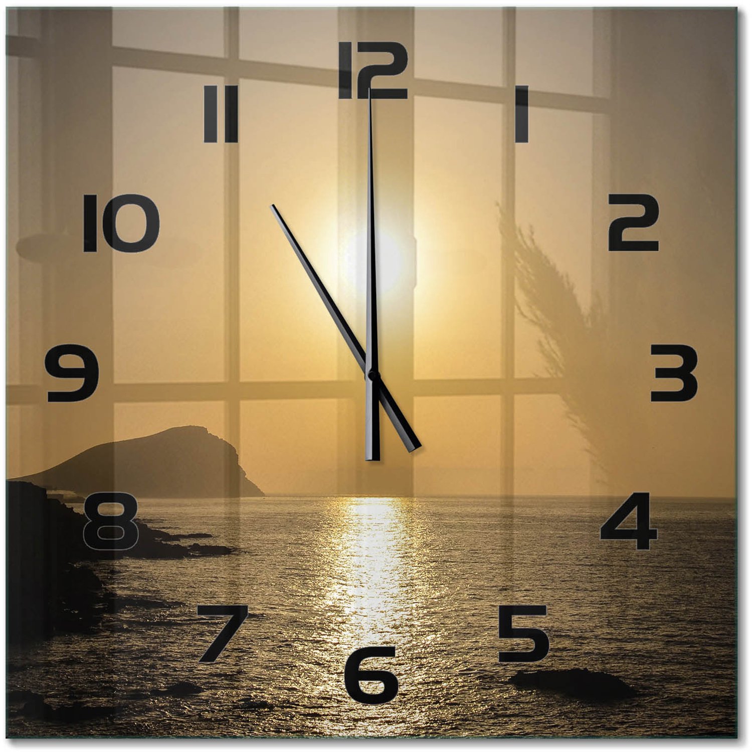 TULUP Wandklok - Zonsondergang Zee Moderne Wandklok Glas - 60x60 cm - Geel Wandklok Glas Decoratie - Zwarte handen - Vierkante Klok - Glazen Wandklok Design - Klok Glas Met Opdruk