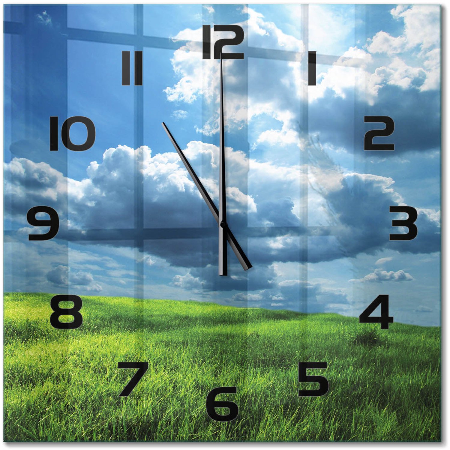 TULUP Wandklok - Wolken boven het veld Glazen Klok Met Print - 60x60 cm - Groente Wandklok Glas Met Motief - Zwarte handen - Vierkante Klok - Wandklok Glas Decoratie - Gekleurde Glazen Klok
