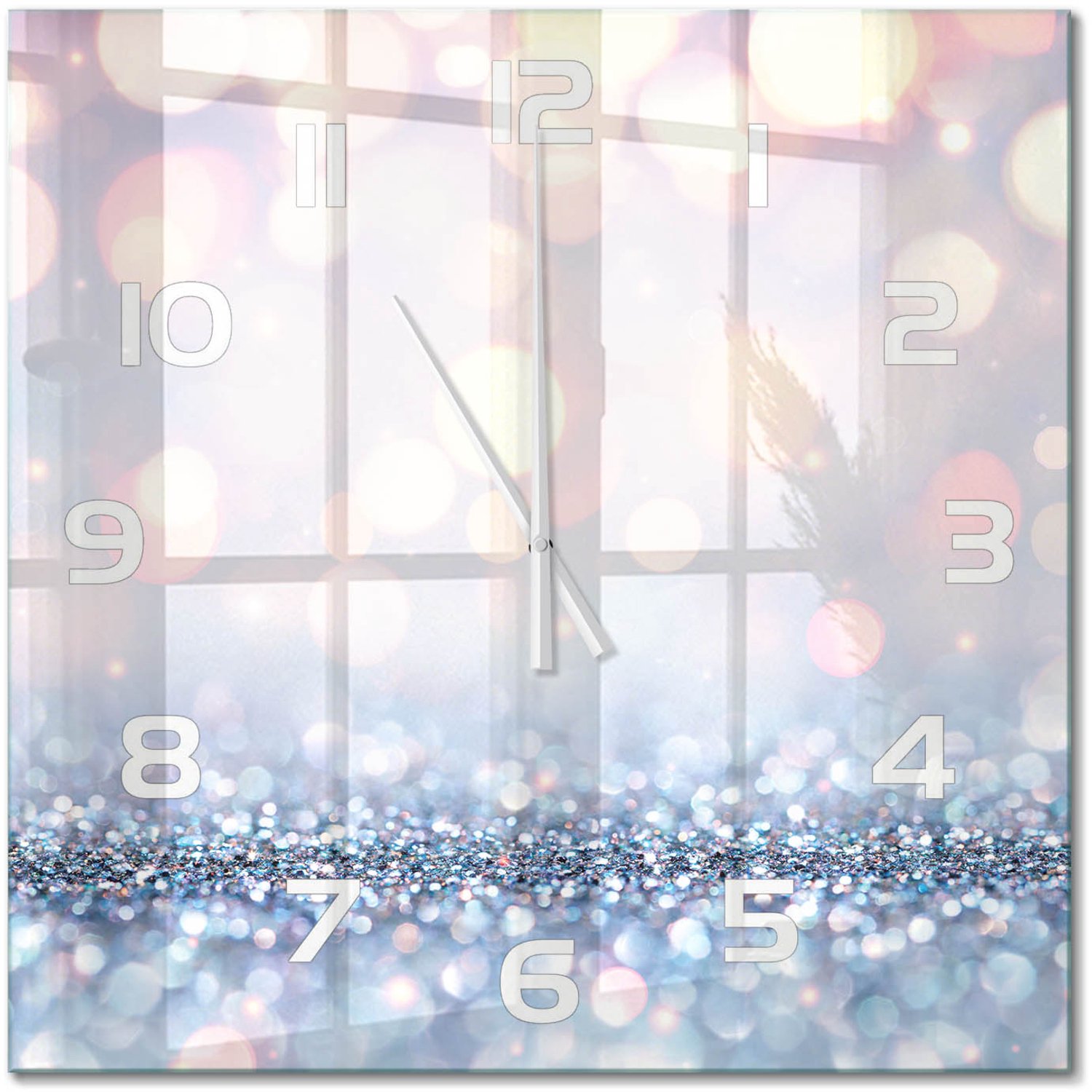TULUP Wandklok - Glanzende achtergrond Gekleurde Glazen Klok - 60x60 cm - Zilver Glazen Klok Met Print - Witte handen - Vierkante Klok - Moderne Wandklok Glas - Wandklok Glas Decoratie