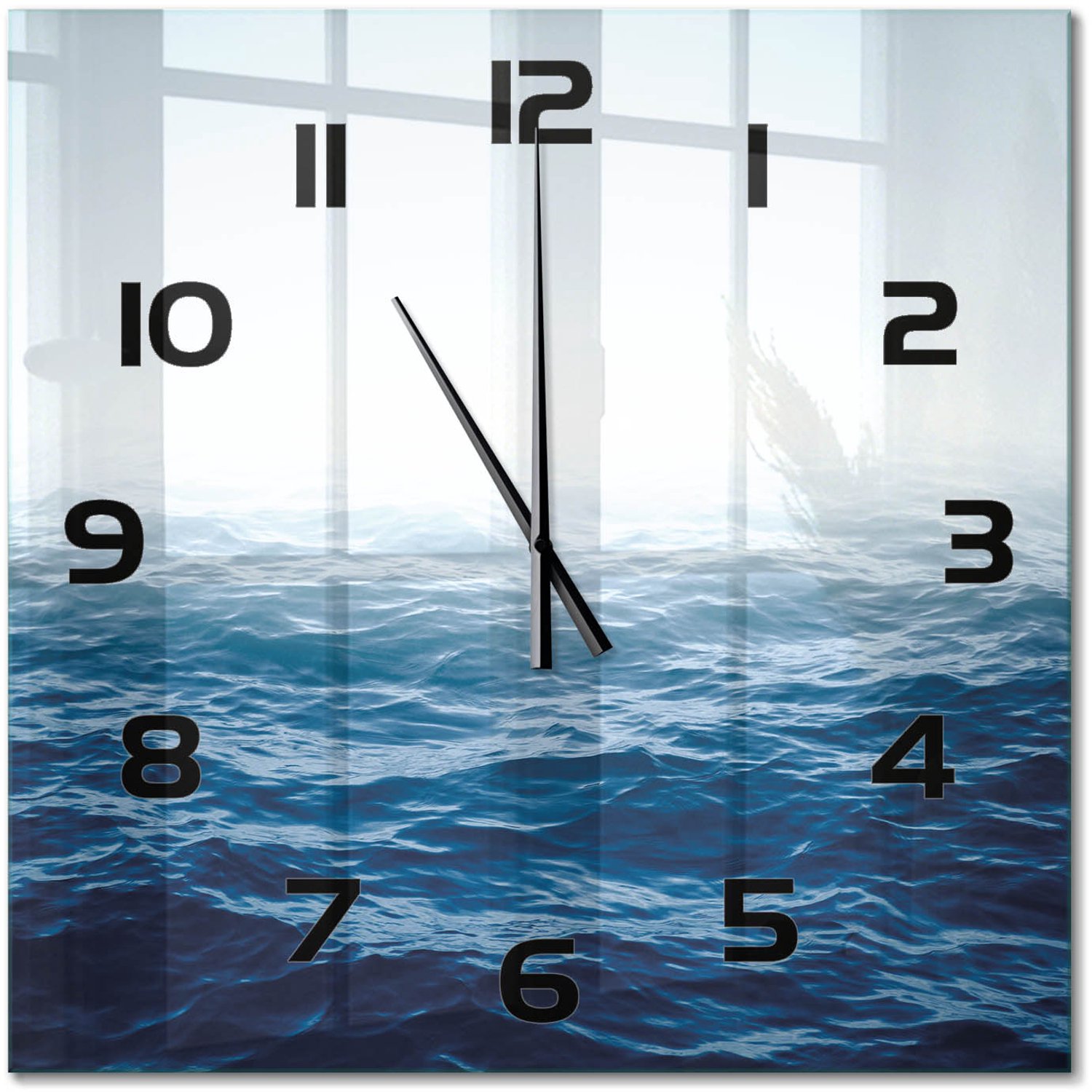 TULUP Wandklok - Oceaangolven Decoratieve Glazen Klok - 60x60 cm - Blauw Glazen Wandklok Design - Zwarte handen - Vierkante Klok - Glazen Klok Met Print - Wandklok Glas Met Motief