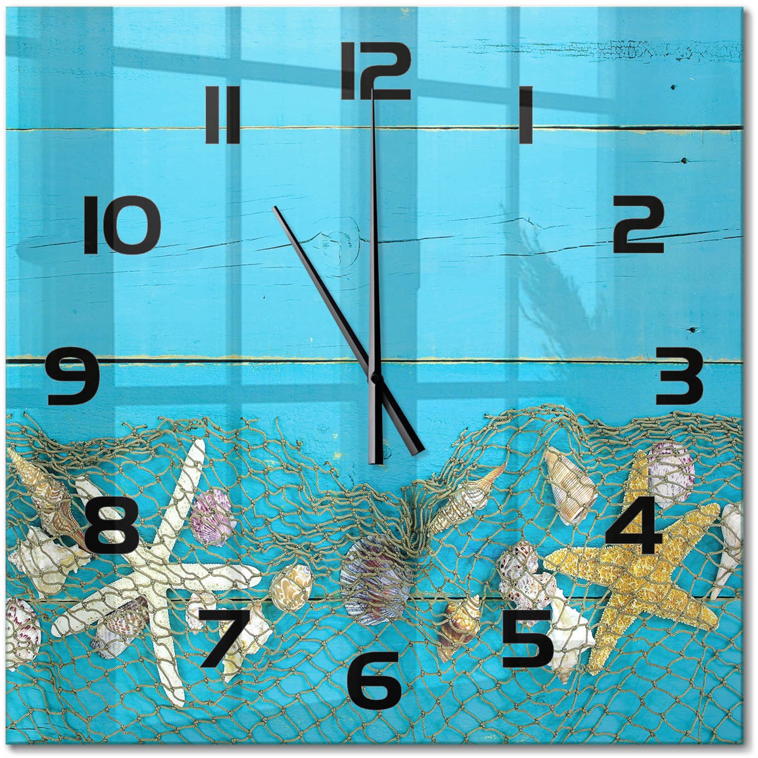 TULUP Wandklok - Zeesterren en schelpen Glazen Wandklok Design - 60x60 cm - Blauw Klok Glas Met Opdruk - Zwarte handen - Vierkante Klok - Wandklok Glas Met Motief - Decoratieve Glazen Klok