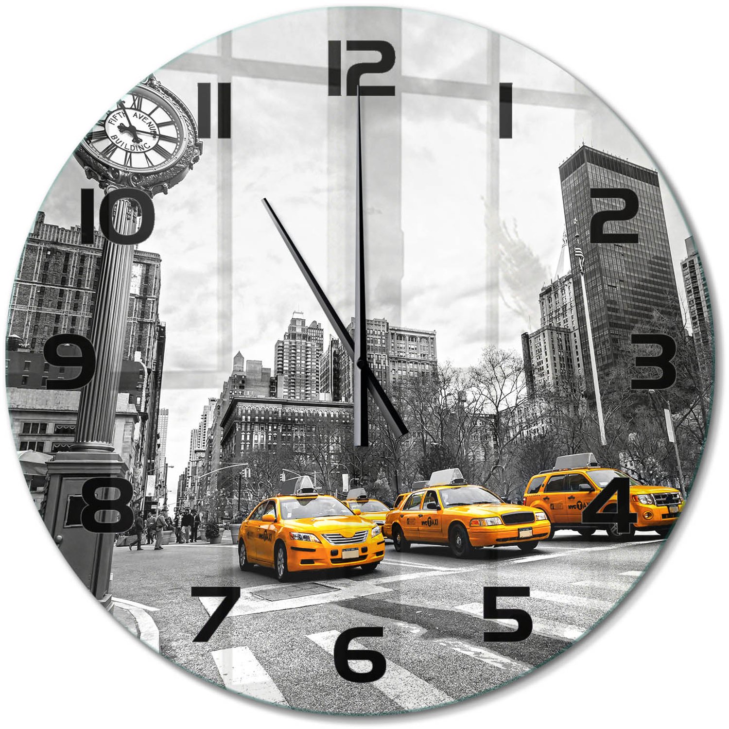 TULUP Wandklok - New Yorkse taxi's Moderne Wandklok Glas - fi60 cm - Geel Wandklok Glas Decoratie - Zwarte handen - Ronde Klok - Glazen Wandklok Design - Klok Glas Met Opdruk