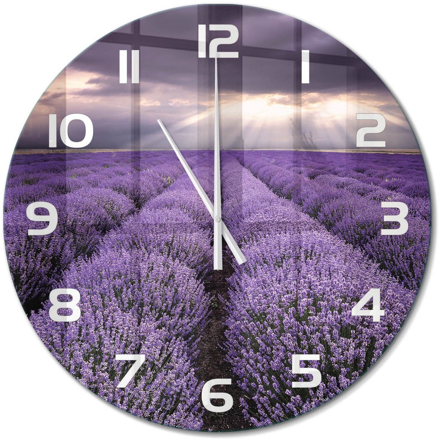 TULUP Wandklok - Lavendelveld Klok Glas Met Opdruk - fi60 cm - Paars Moderne Wandklok Glas - Witte handen - Ronde Klok - Decoratieve Glazen Klok - Glazen Wandklok Design