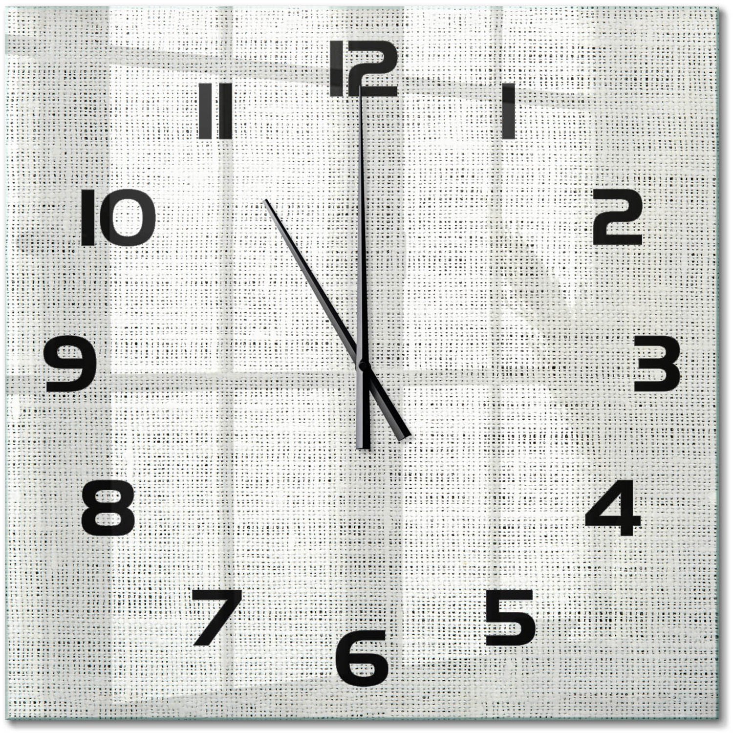 TULUP Wandklok - Wit linnen canvas Moderne Wandklok Glas - 60x60 cm - Wit Wandklok Glas Decoratie - Zwarte handen - Vierkante Klok - Glazen Wandklok Design - Klok Glas Met Opdruk