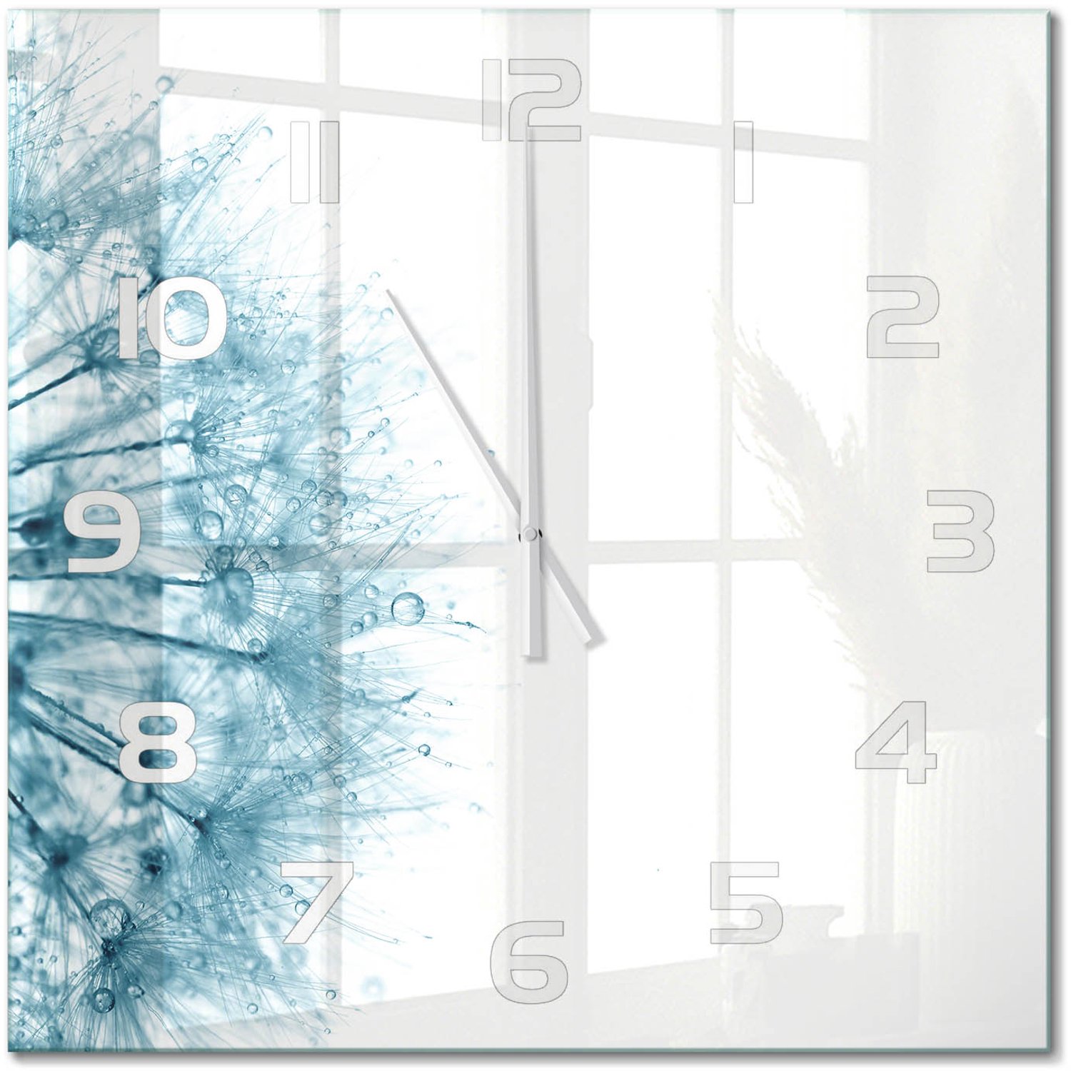 TULUP Wandklok - Paardebloem Wandklok Glas Decoratie - 60x60 cm - Grijs Gekleurde Glazen Klok - Witte handen - Vierkante Klok - Klok Glas Met Opdruk - Moderne Wandklok Glas