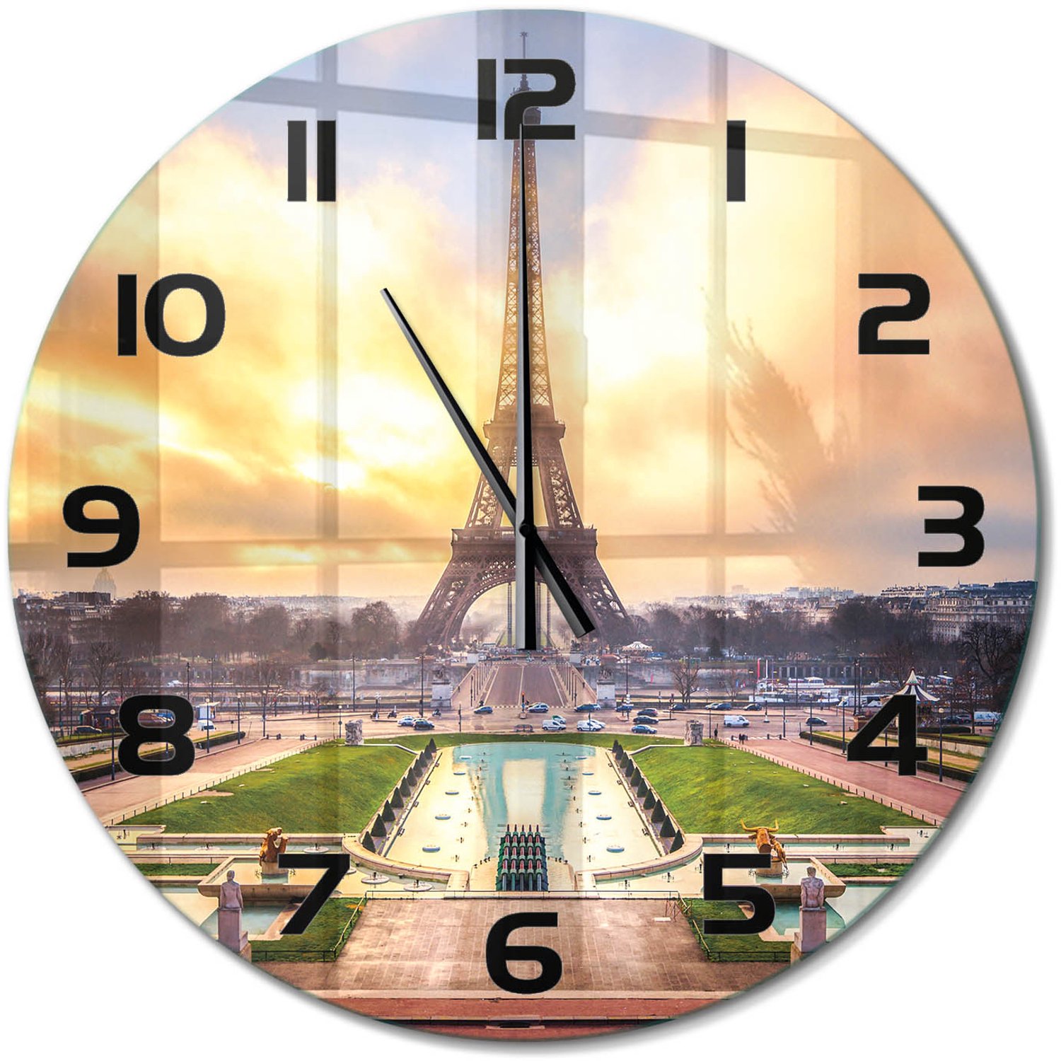 TULUP Wandklok - Eiffeltoren Parijs Wandklok Glas Met Motief - fi60 cm - Geel Decoratieve Glazen Klok - Zwarte handen - Ronde Klok - Gekleurde Glazen Klok - Glazen Klok Met Print