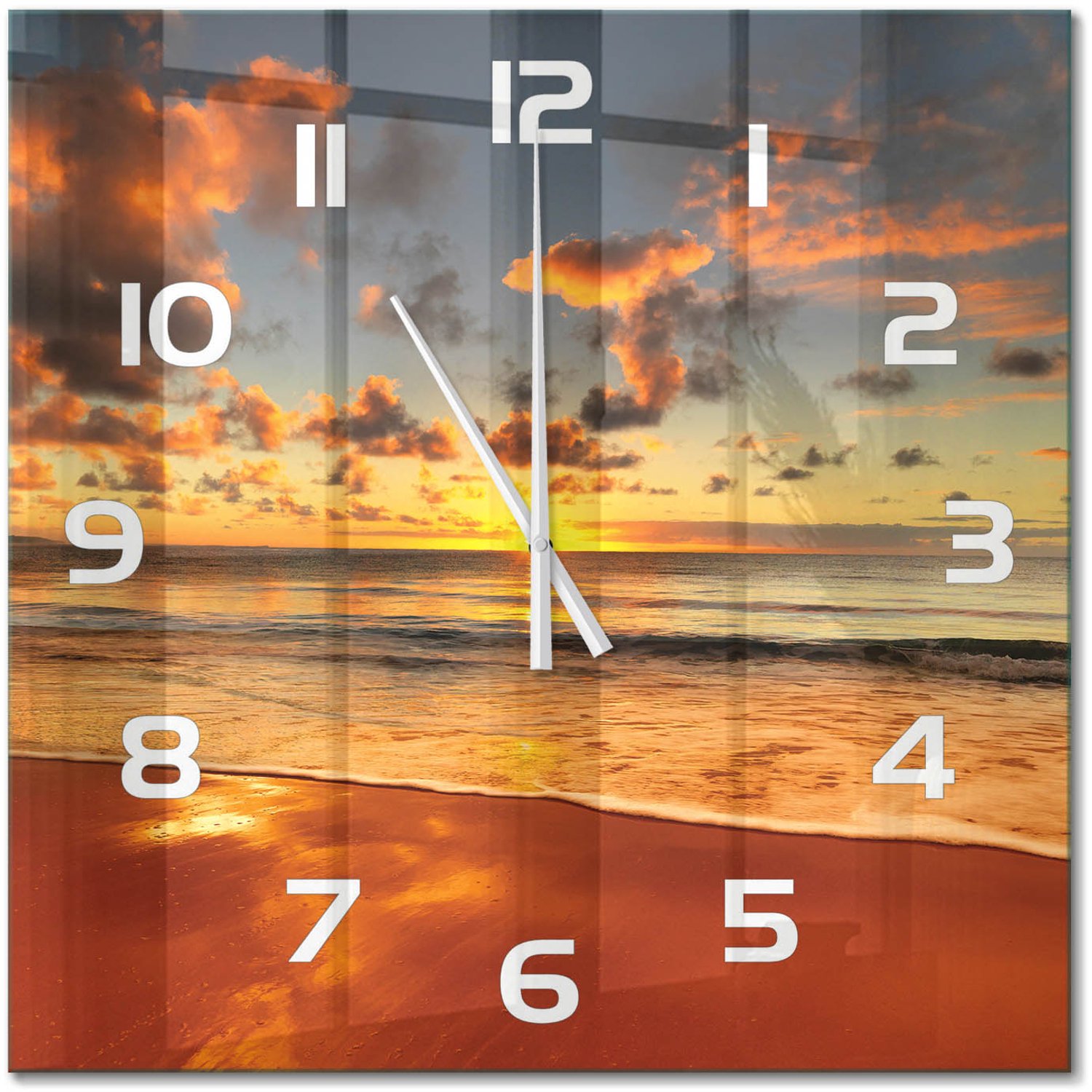 TULUP Wandklok - Australisch strand Moderne Wandklok Glas - 60x60 cm - Oranje Wandklok Glas Decoratie - Witte handen - Vierkante Klok - Glazen Wandklok Design - Klok Glas Met Opdruk