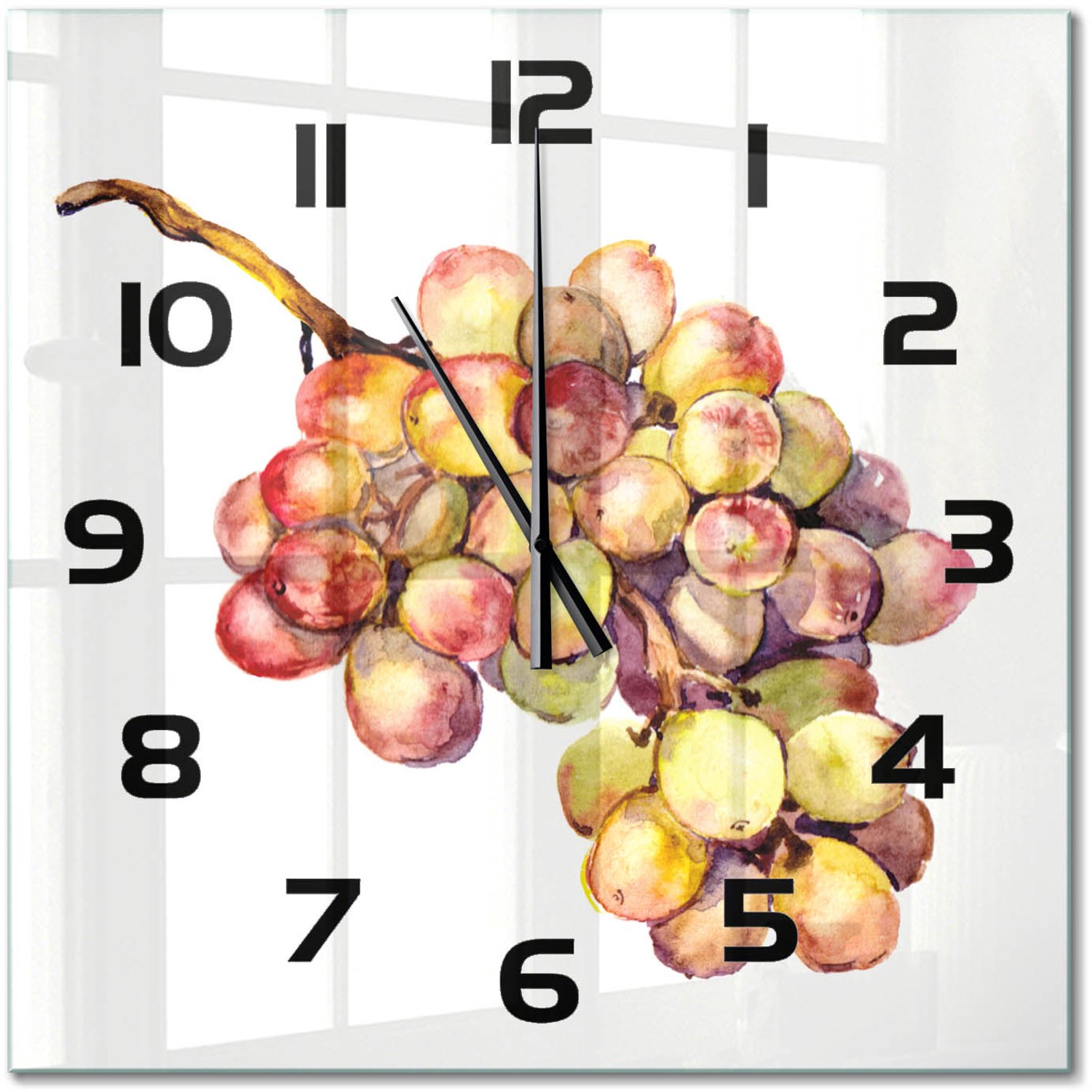 TULUP Wandklok - Druif Gekleurde Glazen Klok - 60x60 cm - Groente Glazen Klok Met Print - Zwarte handen - Vierkante Klok - Moderne Wandklok Glas - Wandklok Glas Decoratie