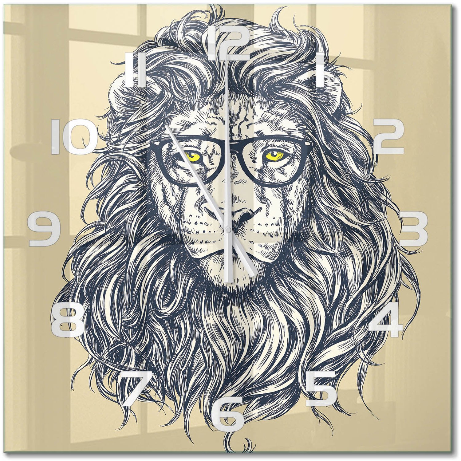 TULUP Wandklok - Hipster Leeuw Glazen Klok Met Print - 60x60 cm - Beige Wandklok Glas Met Motief - Witte handen - Vierkante Klok - Wandklok Glas Decoratie - Gekleurde Glazen Klok
