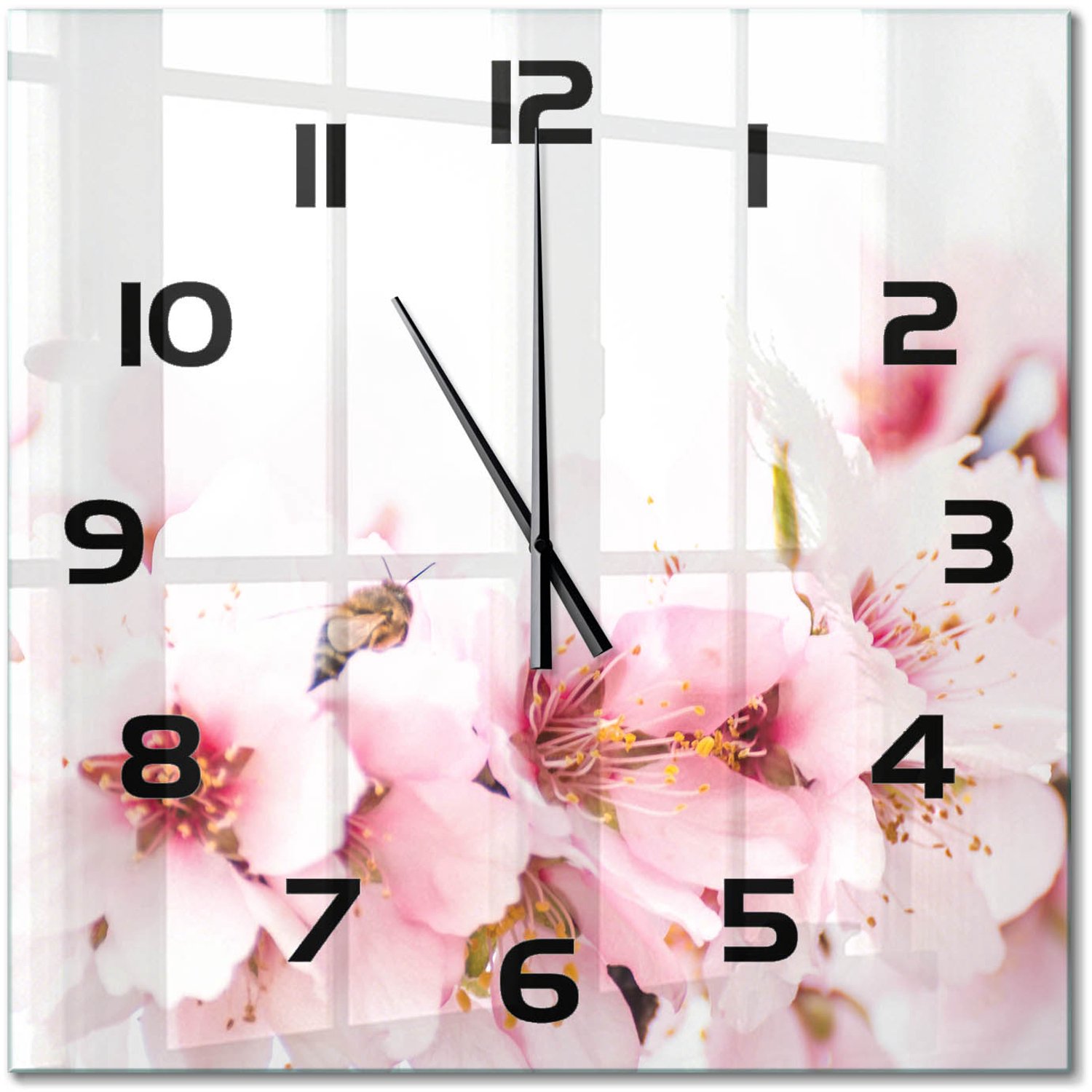 TULUP Wandklok - Kersenbloesem Glazen Klok Met Print - 60x60 cm - Roze Wandklok Glas Met Motief - Zwarte handen - Vierkante Klok - Wandklok Glas Decoratie - Gekleurde Glazen Klok
