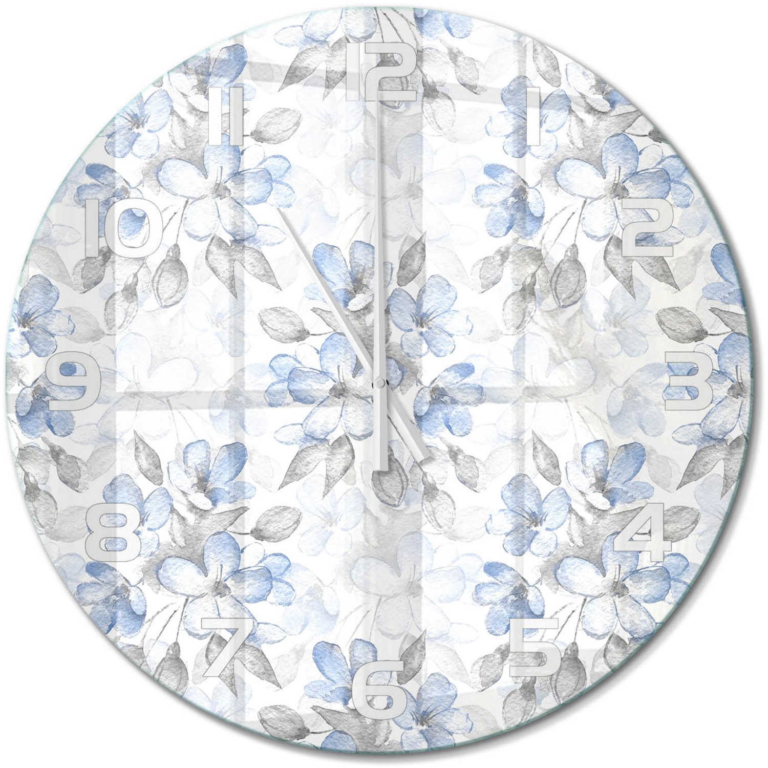 TULUP Wandklok - delicate bloemen Wandklok Glas Decoratie - fi60 cm - Blauw Gekleurde Glazen Klok - Witte handen - Ronde Klok - Klok Glas Met Opdruk - Moderne Wandklok Glas