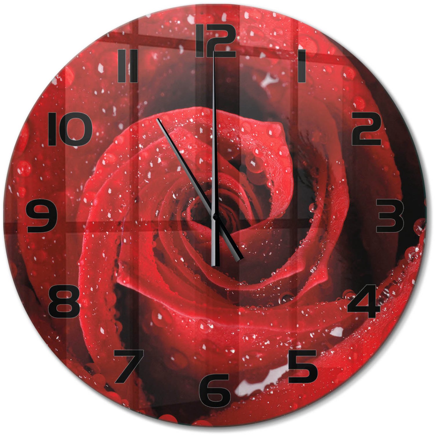 TULUP Wandklok - Druppels op de roos Klok Glas Met Opdruk - fi60 cm - Rood Moderne Wandklok Glas - Zwarte handen - Ronde Klok - Decoratieve Glazen Klok - Glazen Wandklok Design