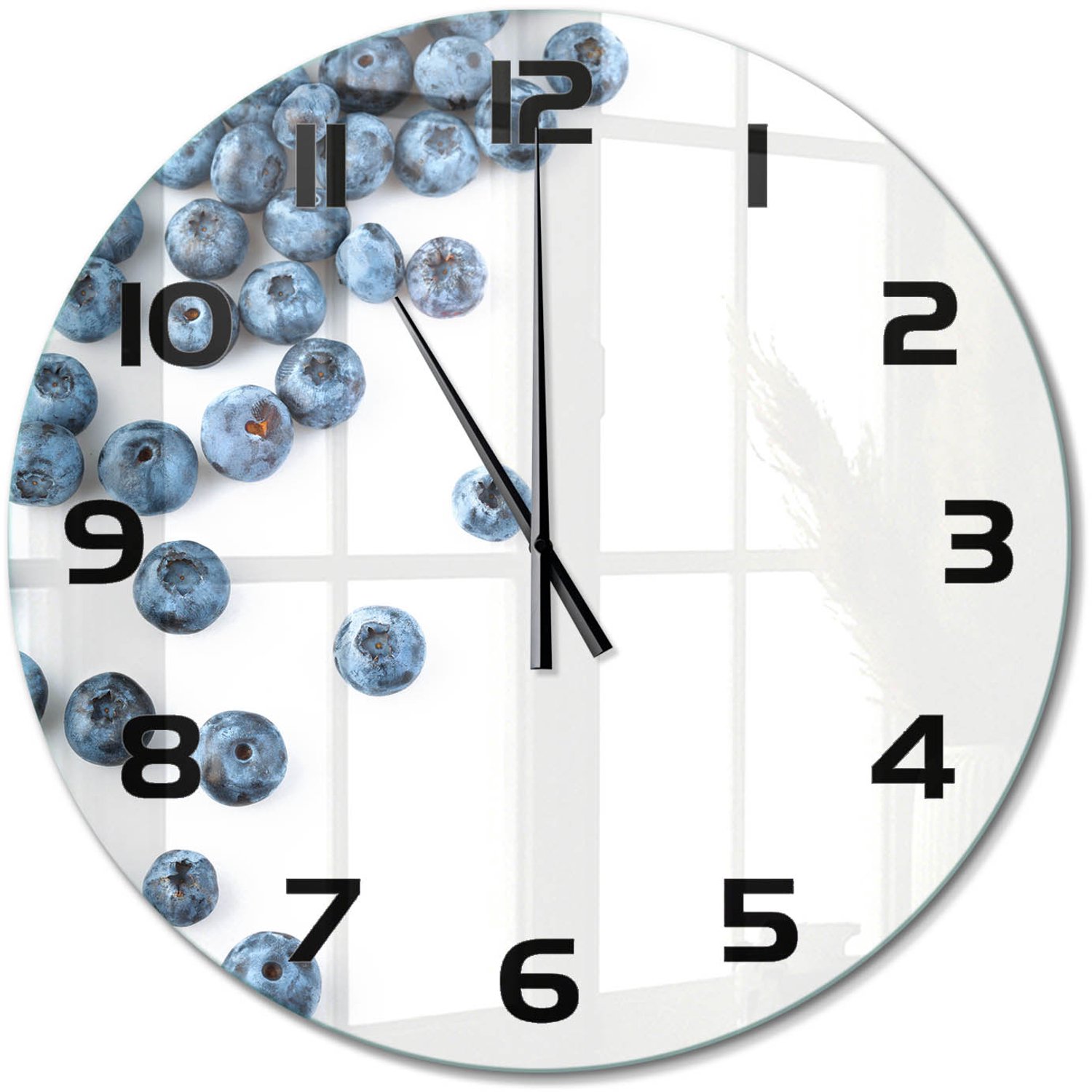 TULUP Wandklok - Bosbessen Decoratieve Glazen Klok - fi60 cm - Blauw Glazen Wandklok Design - Zwarte handen - Ronde Klok - Glazen Klok Met Print - Wandklok Glas Met Motief