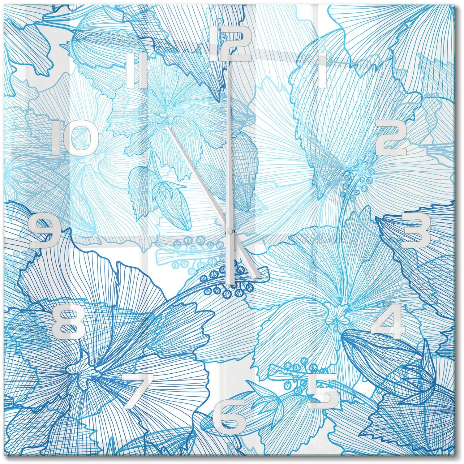 TULUP Wandklok - Hawaiiaanse bloemen Decoratieve Glazen Klok - 60x60 cm - Blauw Glazen Wandklok Design - Witte handen - Vierkante Klok - Glazen Klok Met Print - Wandklok Glas Met Motief