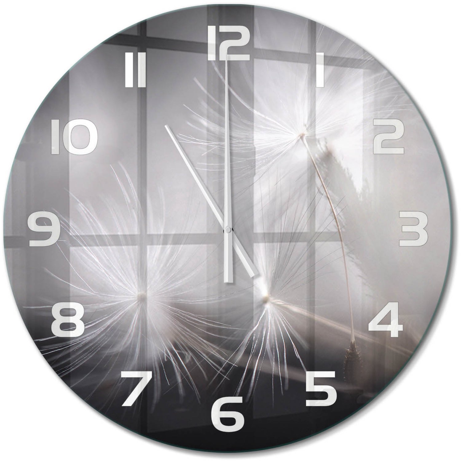 TULUP Wandklok - Paardenbloemzaden Wandklok Glas Decoratie - fi60 cm - Zwart-wit Gekleurde Glazen Klok - Witte handen - Ronde Klok - Klok Glas Met Opdruk - Moderne Wandklok Glas