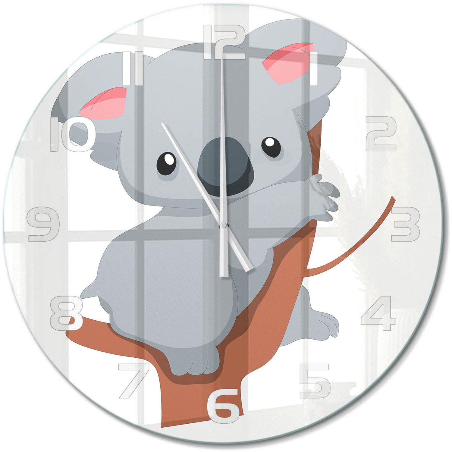 TULUP Wandklok - Koala in een boom Gekleurde Glazen Klok - fi60 cm - Grijs Glazen Klok Met Print - Witte handen - Ronde Klok - Moderne Wandklok Glas - Wandklok Glas Decoratie