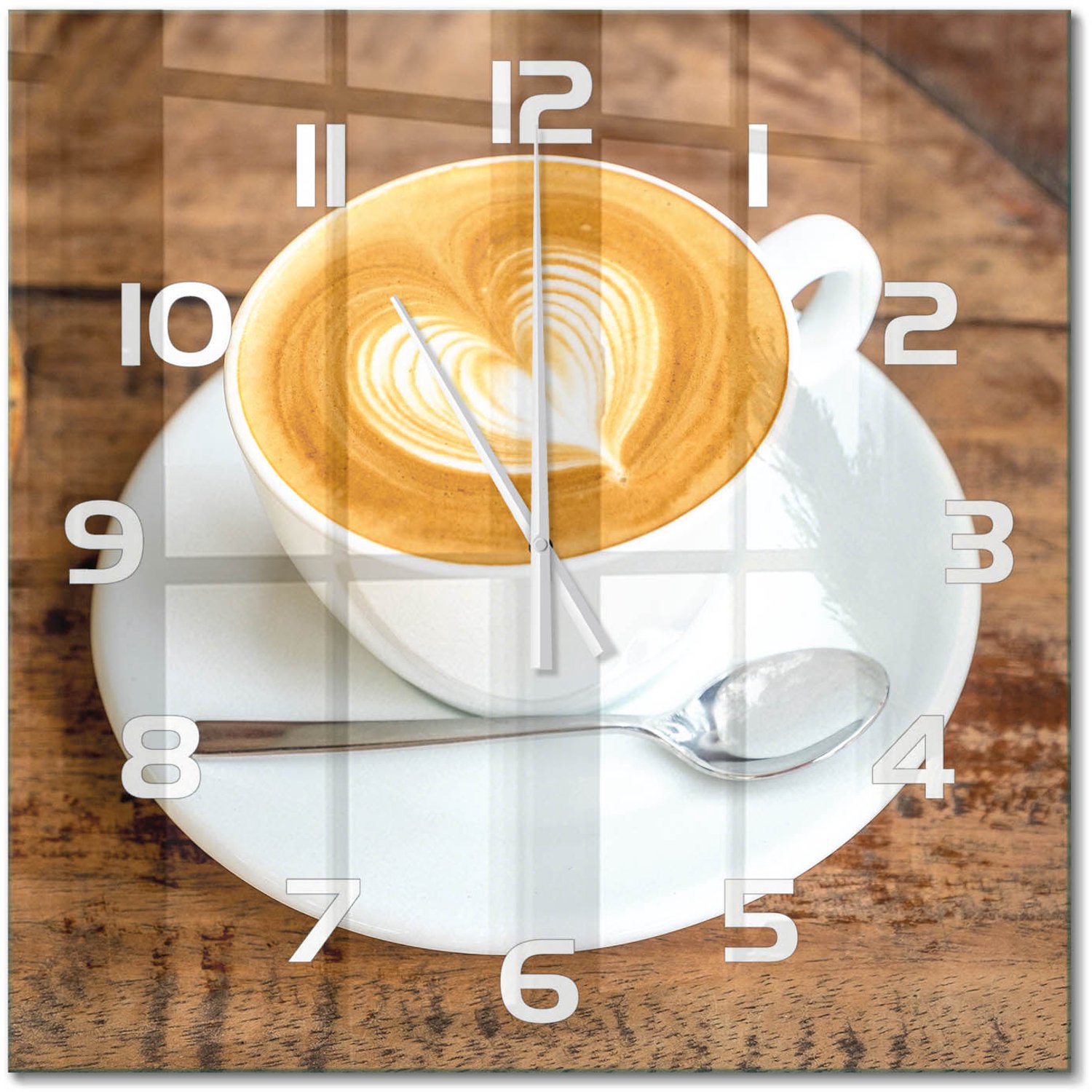 TULUP Wandklok - Koffie in een kopje Moderne Wandklok Glas - 60x60 cm - Bruin Wandklok Glas Decoratie - Witte handen - Vierkante Klok - Glazen Wandklok Design - Klok Glas Met Opdruk