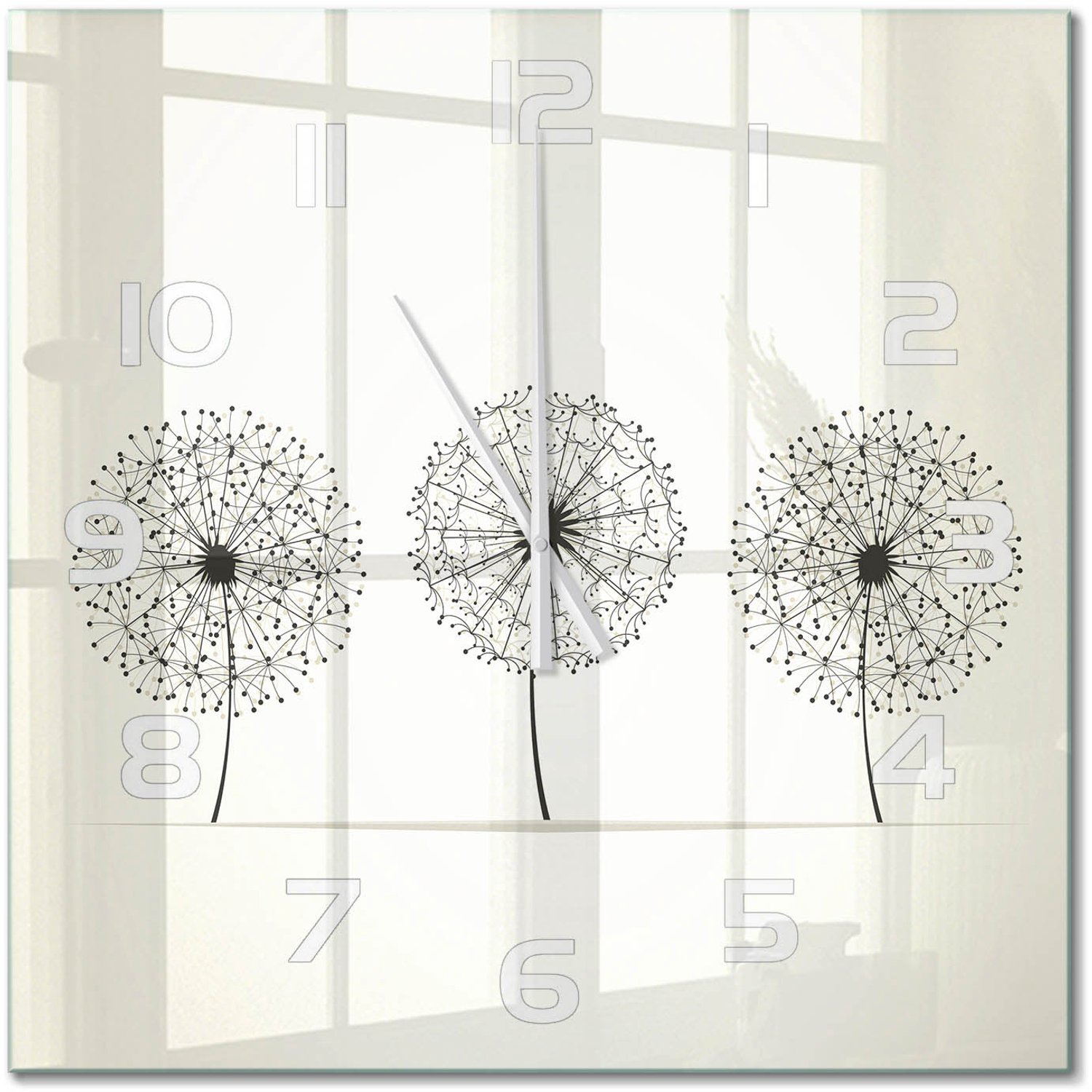 TULUP Wandklok - Paardenbloemtand Glazen Wandklok Design - 60x60 cm - Beige Klok Glas Met Opdruk - Witte handen - Vierkante Klok - Wandklok Glas Met Motief - Decoratieve Glazen Klok