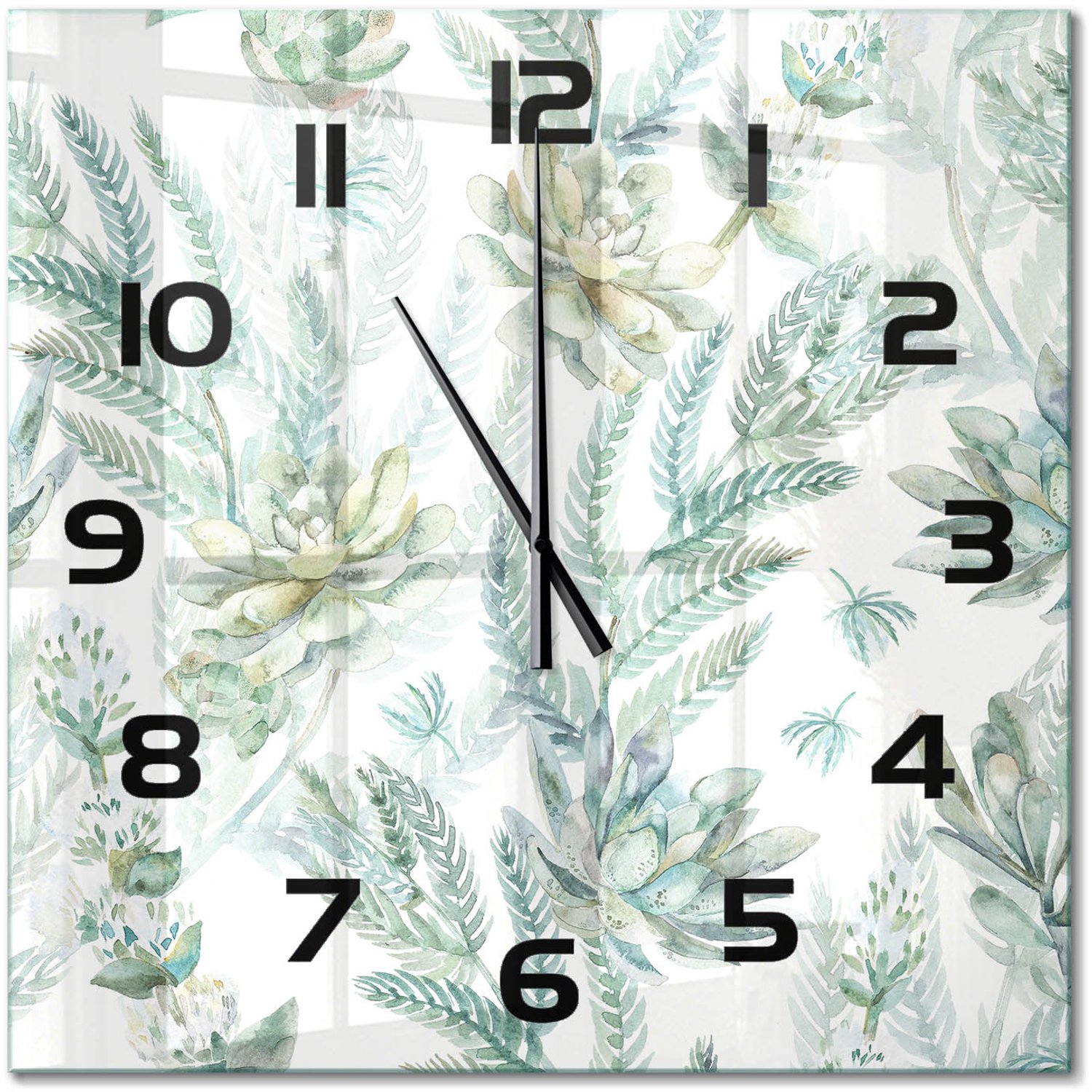 TULUP Wandklok - Bloemen en bladeren Glazen Klok Met Print - 60x60 cm - Groente Wandklok Glas Met Motief - Zwarte handen - Vierkante Klok - Wandklok Glas Decoratie - Gekleurde Glazen Klok