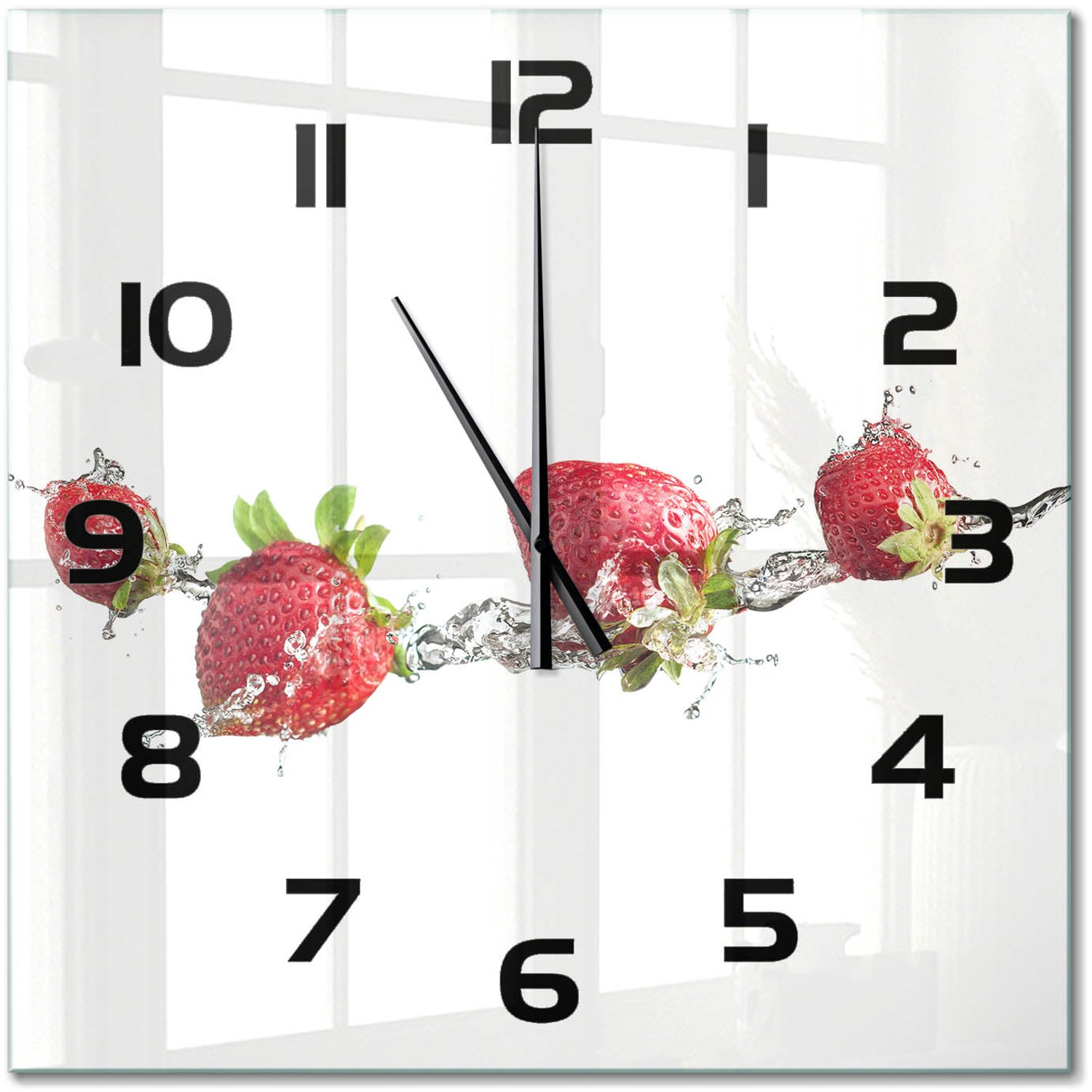 TULUP Wandklok - Aardbeien en water Wandklok Glas Met Motief - 60x60 cm - Rood Decoratieve Glazen Klok - Zwarte handen - Vierkante Klok - Gekleurde Glazen Klok - Glazen Klok Met Print