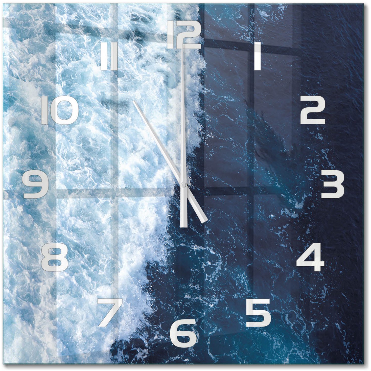 TULUP Wandklok - Oceaangolven Glazen Wandklok Design - 60x60 cm - Blauw Klok Glas Met Opdruk - Witte handen - Vierkante Klok - Wandklok Glas Met Motief - Decoratieve Glazen Klok