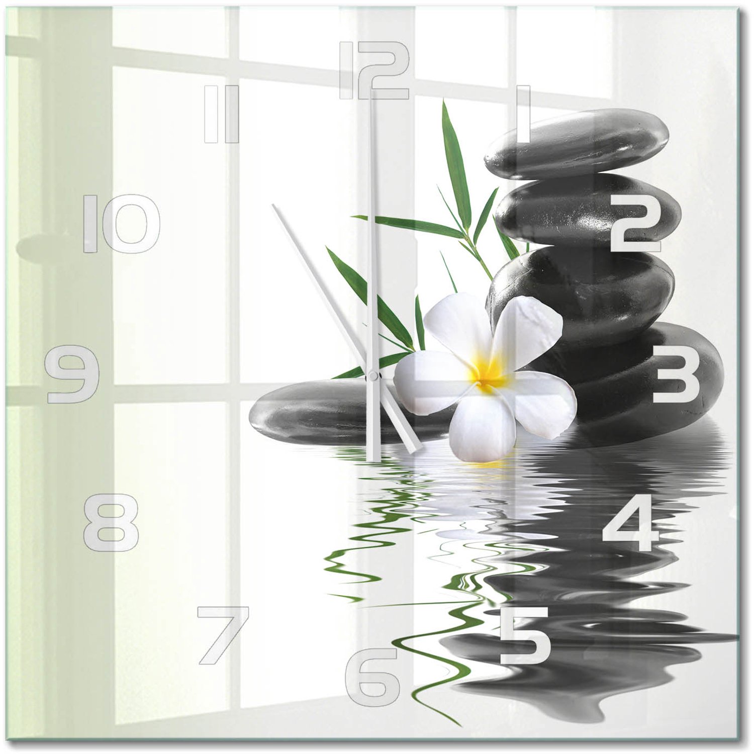 TULUP Wandklok - Orchidee en stenen Klok Glas Met Opdruk - 60x60 cm - Zwart Moderne Wandklok Glas - Witte handen - Vierkante Klok - Decoratieve Glazen Klok - Glazen Wandklok Design