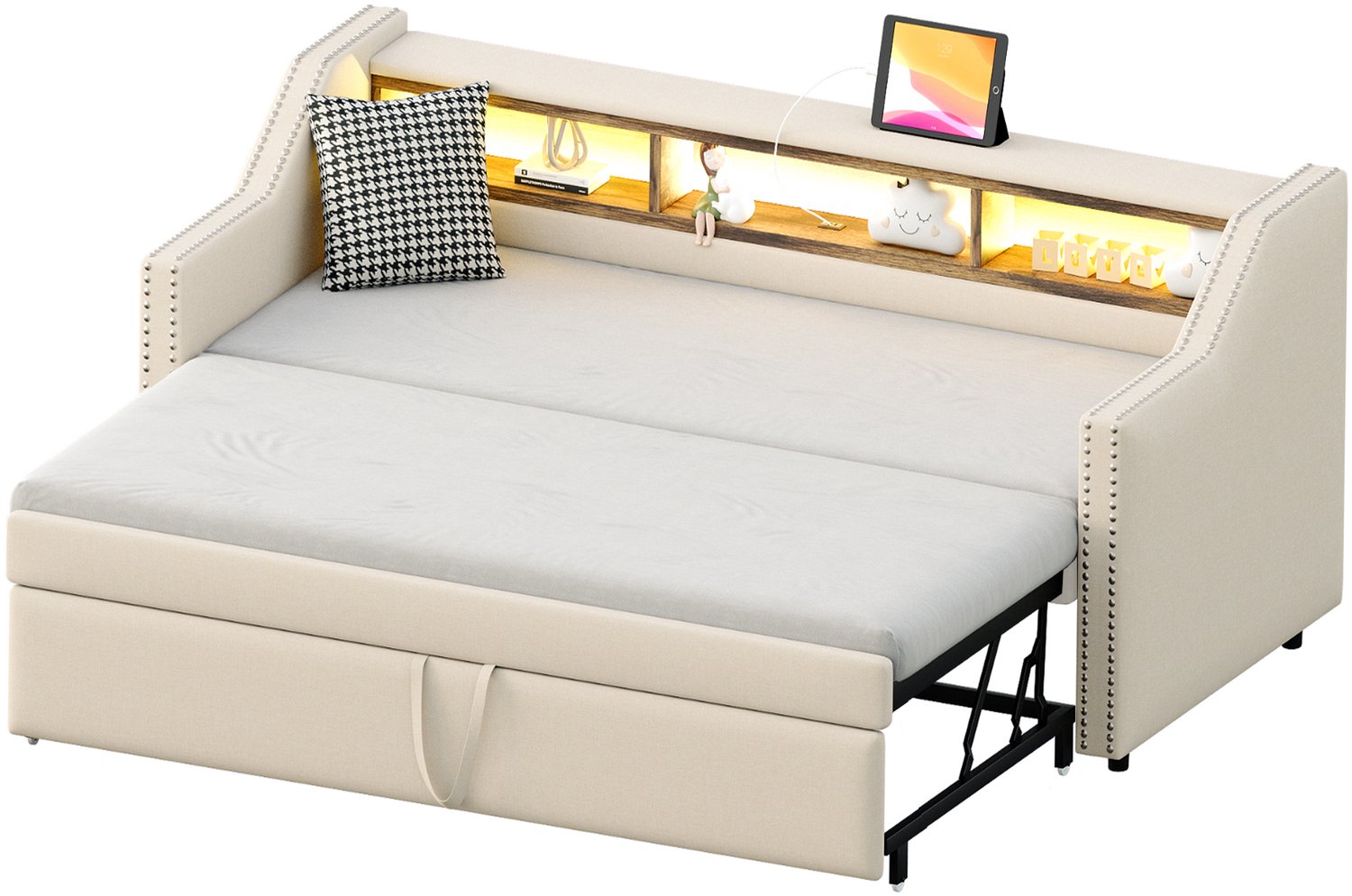 MUVANO Slaapbank met uitschuifbaar bed - gestoffeerd bedframe met lattenbodem, 90x190 naar 180x190 cm, opbergruimte, LED en USB, beige