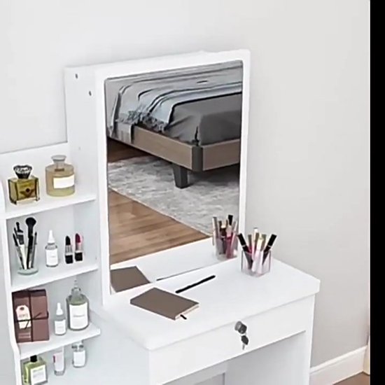 Kaptafel en make-upmeubelset met stoel (inclusief spiegel) of kaptafel met lades gemaakt van bewerkt hout geschikt voor thuisgebruik of make-upstudio's (wit, high-definition spiegel) Afmetingen 80*36*125 cm