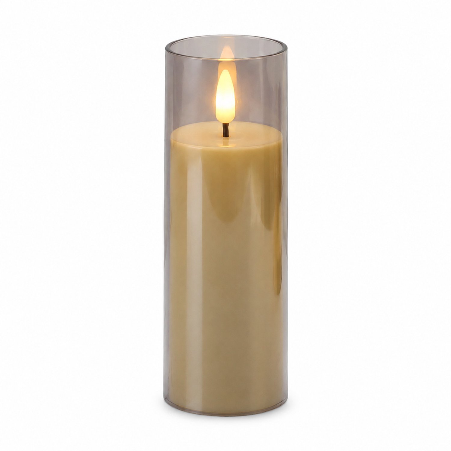 led kaarsen, 5 x 15 cm, warm LED-vlamlicht, grijs glas met rechte rand, 12 stuks per displaydoos