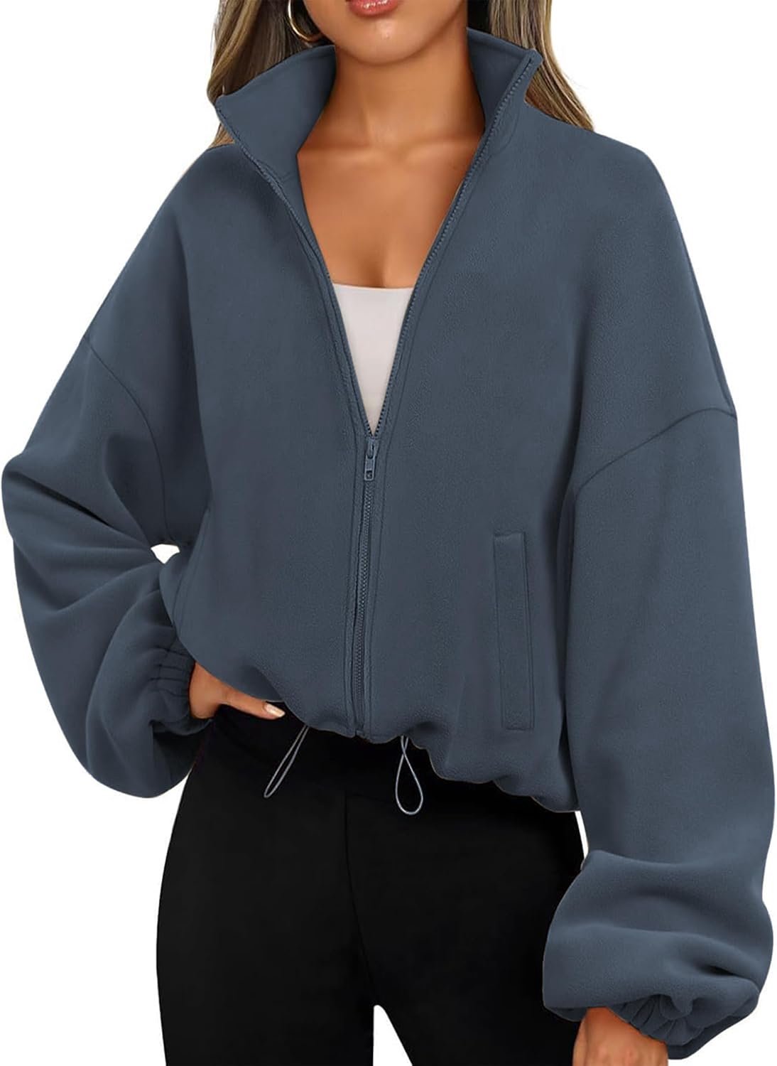 Trui met trekkoord, lange mouwen en ritssluiting, fleece, korte jas met zakken