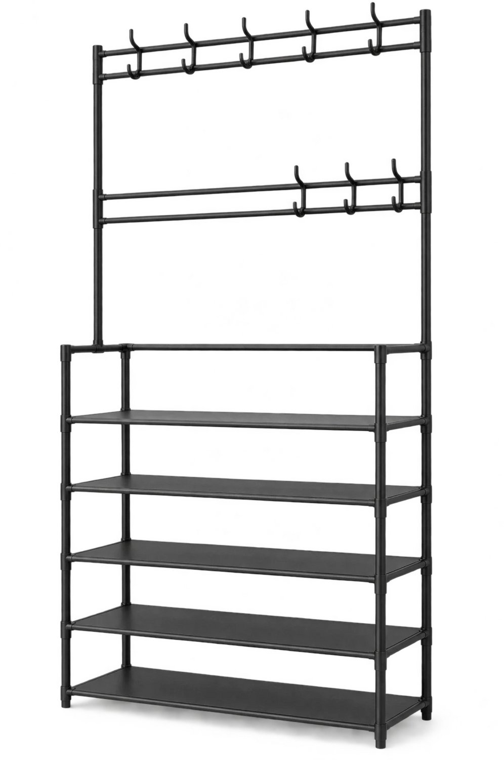 Noventra Kapstok met Schoenenrek – Garderoberek met 5 Schoenenplanken en Meerdere Haken – Staande Kledingrek met Opbergruimte voor Jassen, Schoenen, Tassen en Accessoires – Zwart Metaal