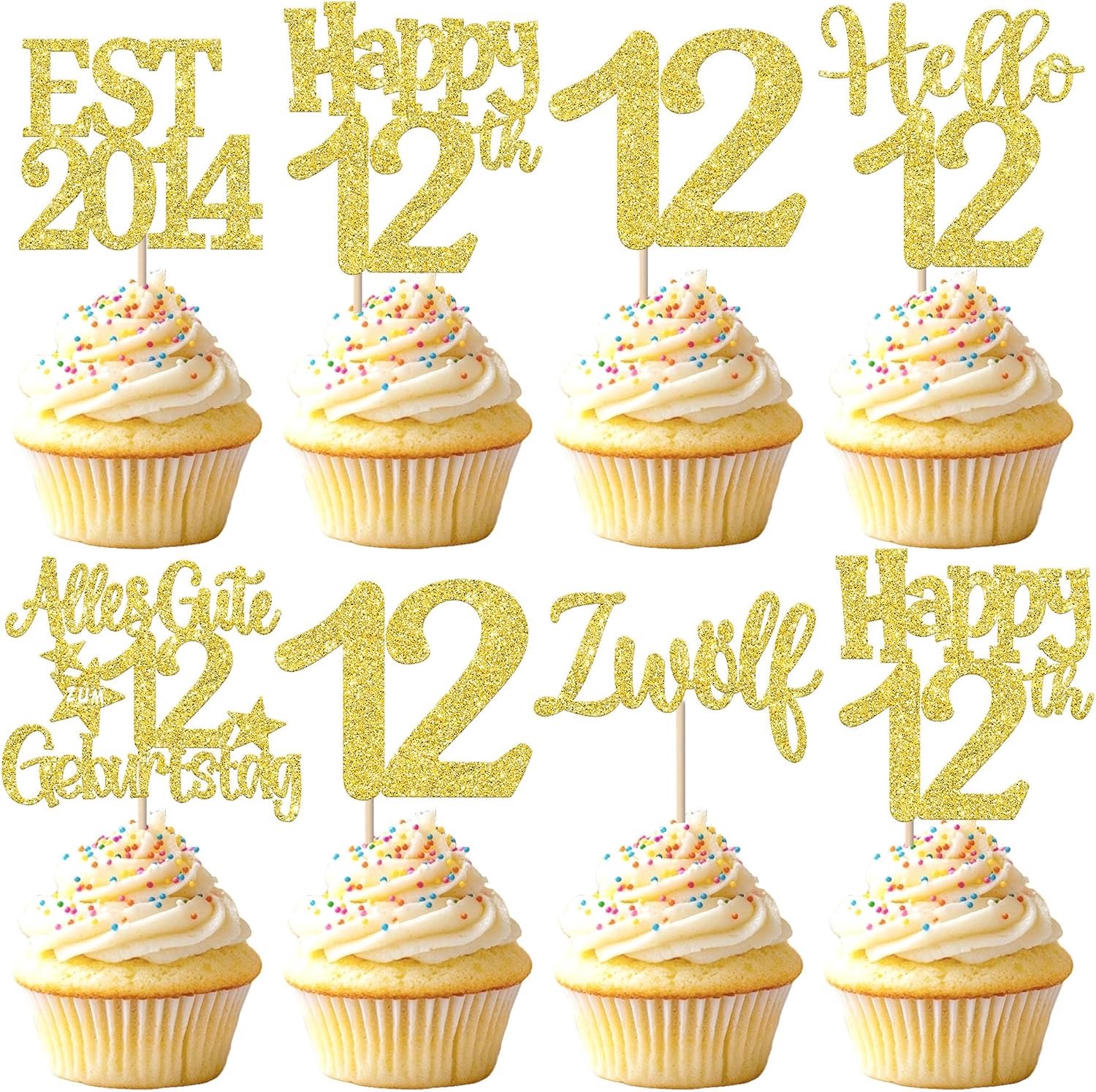 24 Cupcaketoppers 12e verjaardag, goudkleurig