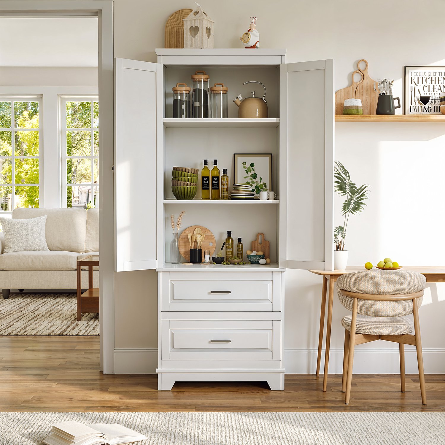 Keukenkast wit met 2 lades - Hoge opbergkast met verstelbare planken en 2 deuren – Kolomkast voor badkamer, keuken en koonkamer - 60 x 40 x 157 cm