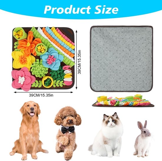Overzicht van de 39x39cm snuffelmat met verschillende huisdieren: hond, kat en konijn voor formaatindicatie.