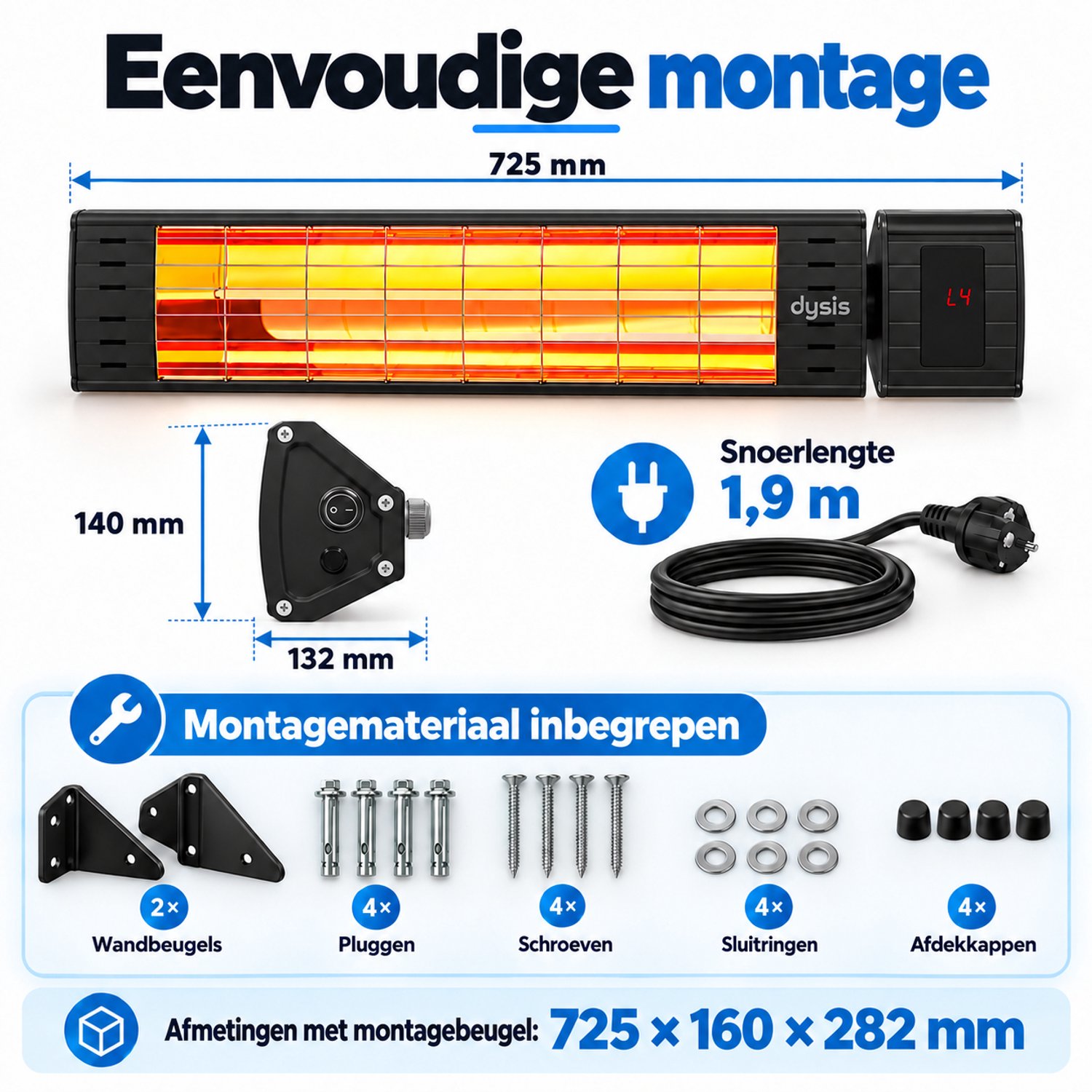 Dysis Infrarood Terrasverwarmer, Infraroodstraler met Afstandsbediening - 2300W - 4 Warmtestanden - IP65 Stof- en Regendicht voor Binnen en Buiten, Elektrische Kachel voor Terras - Zwart – foto 3