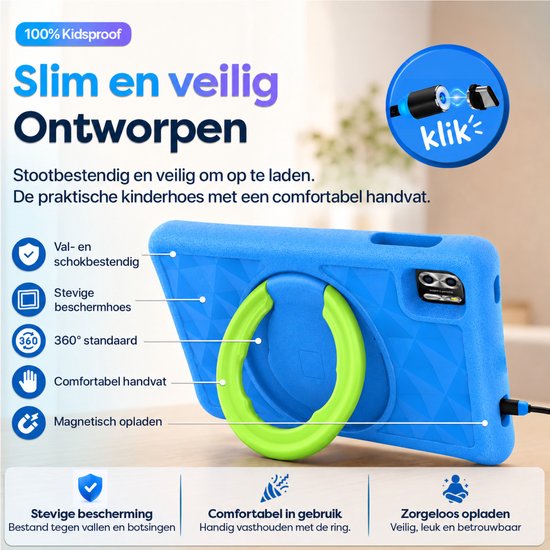 Blauwe kindertablet met beschermhoes, groene 360 graden ringstandaard en magnetische oplaadfunctie.