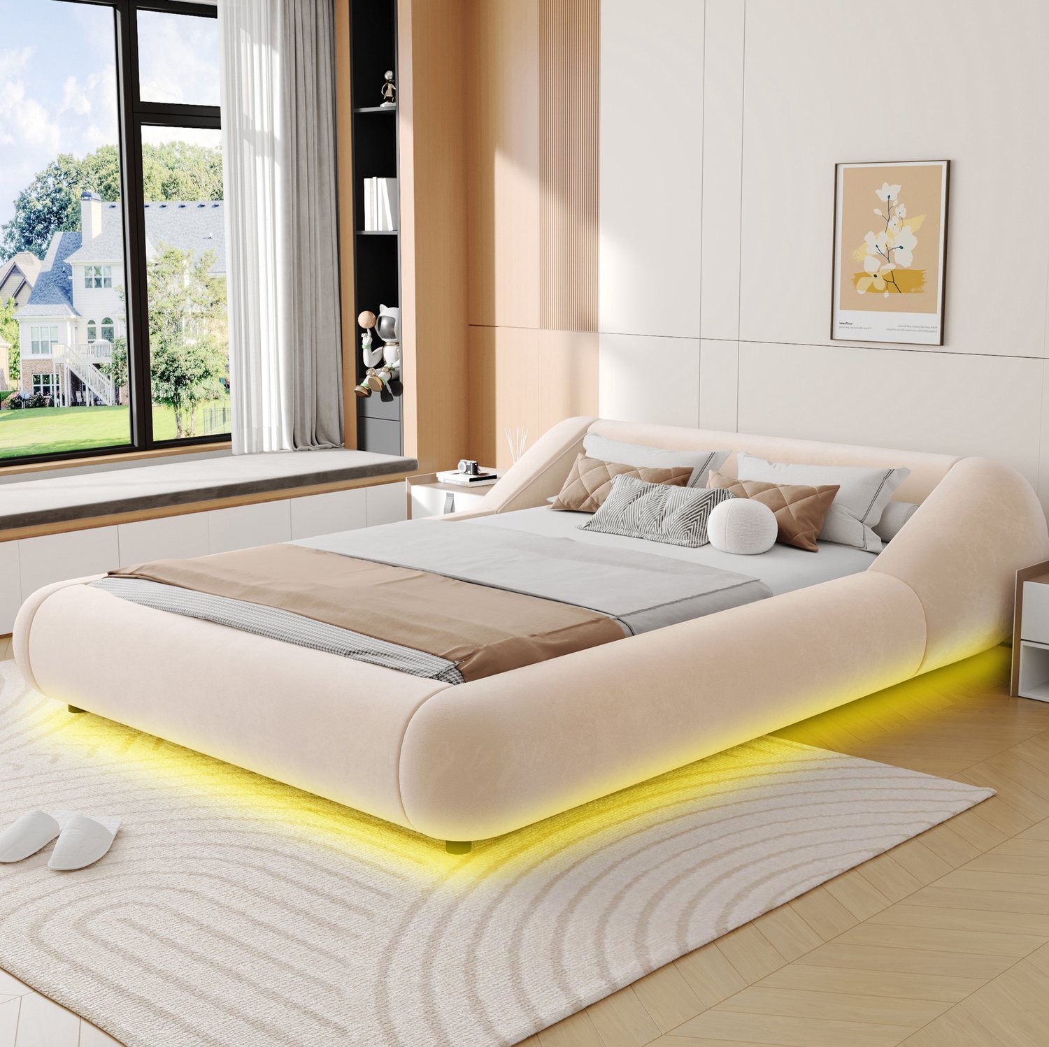 WUVRIE Gestoffeerd bed 140x200 cm - Zwevend ontwerp met LED-verlichting - Beige