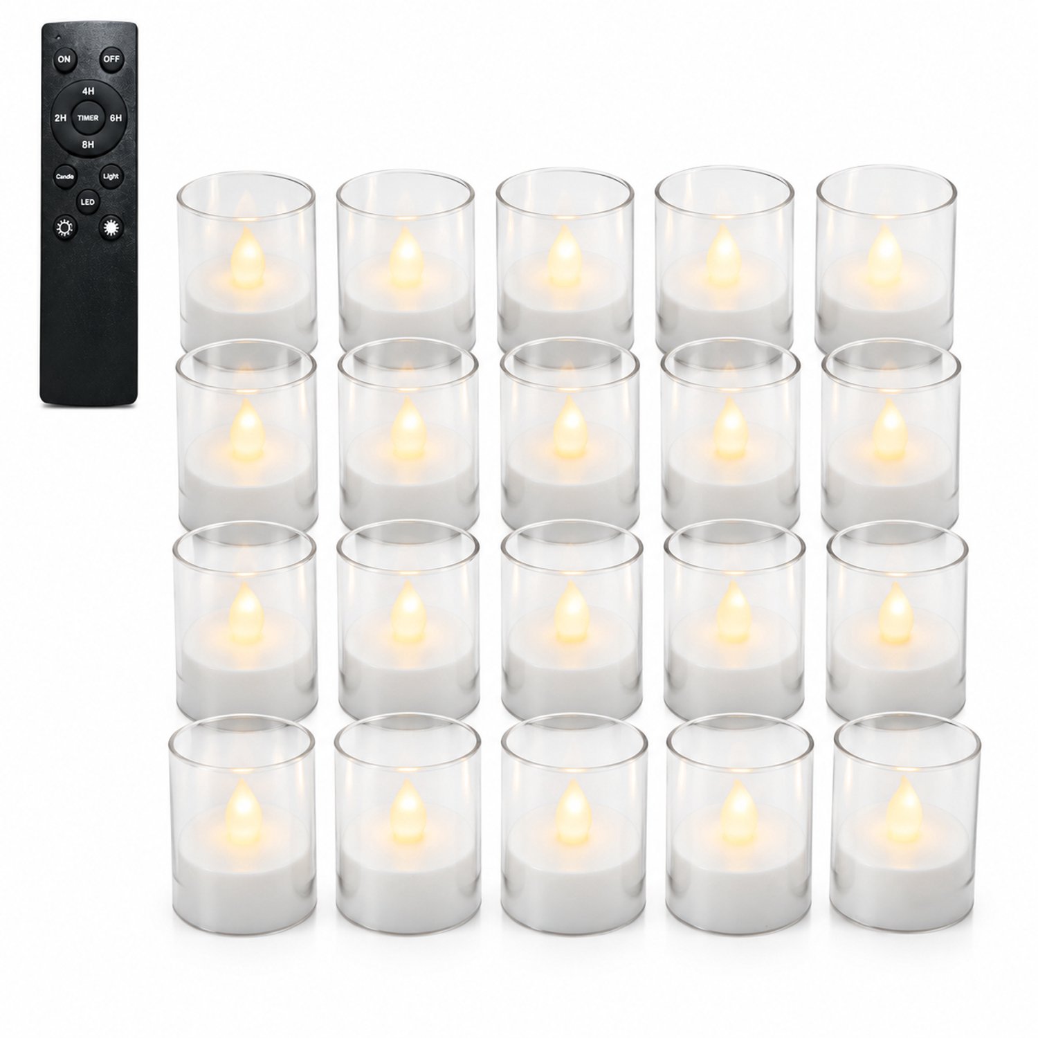 led kaarsen - 24 theelichtjes in transparante cups met grote afstandsbediening, voor bruilofts- en hoteldecoratie