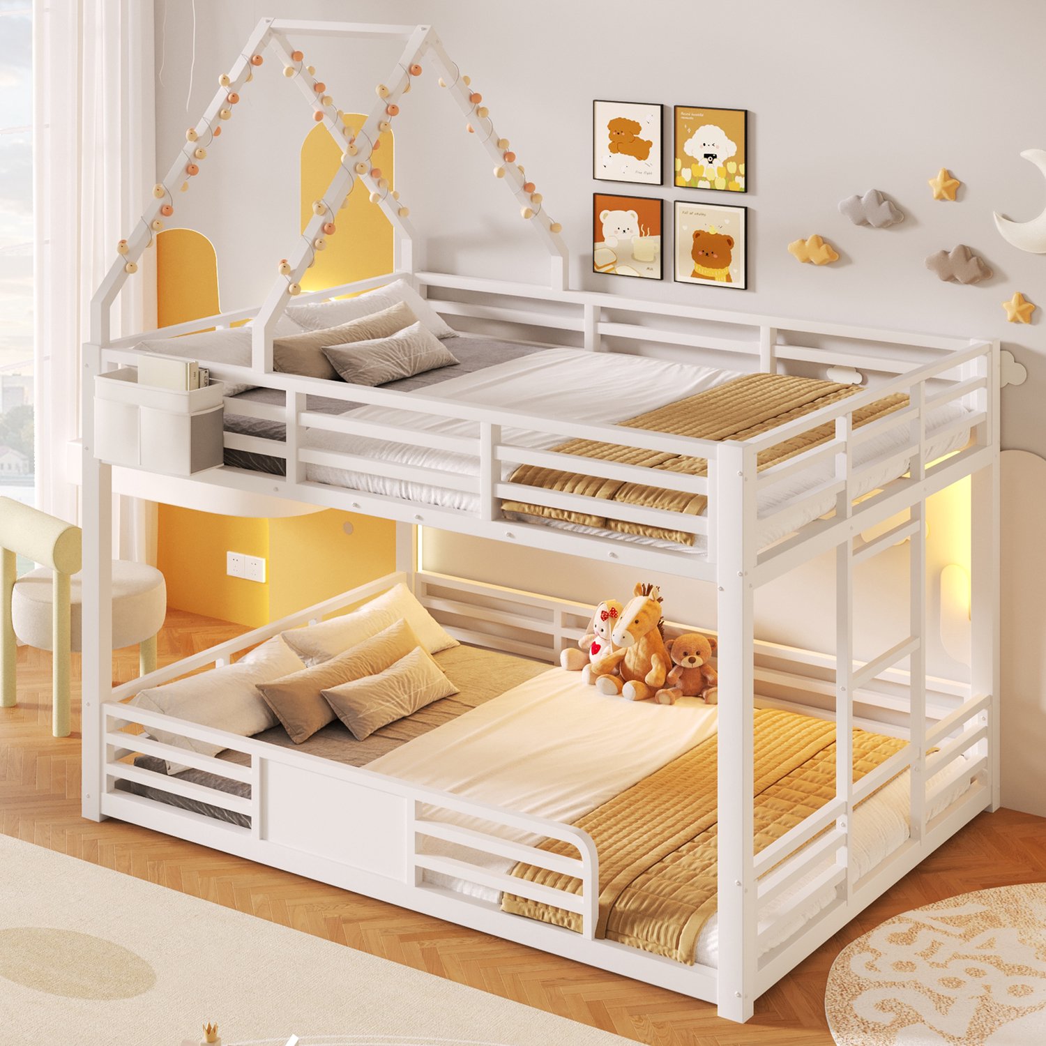WUVRIE Stapelbed 140x200 cm - Huisbed met LED-verlichting en opbergtassen - Wit