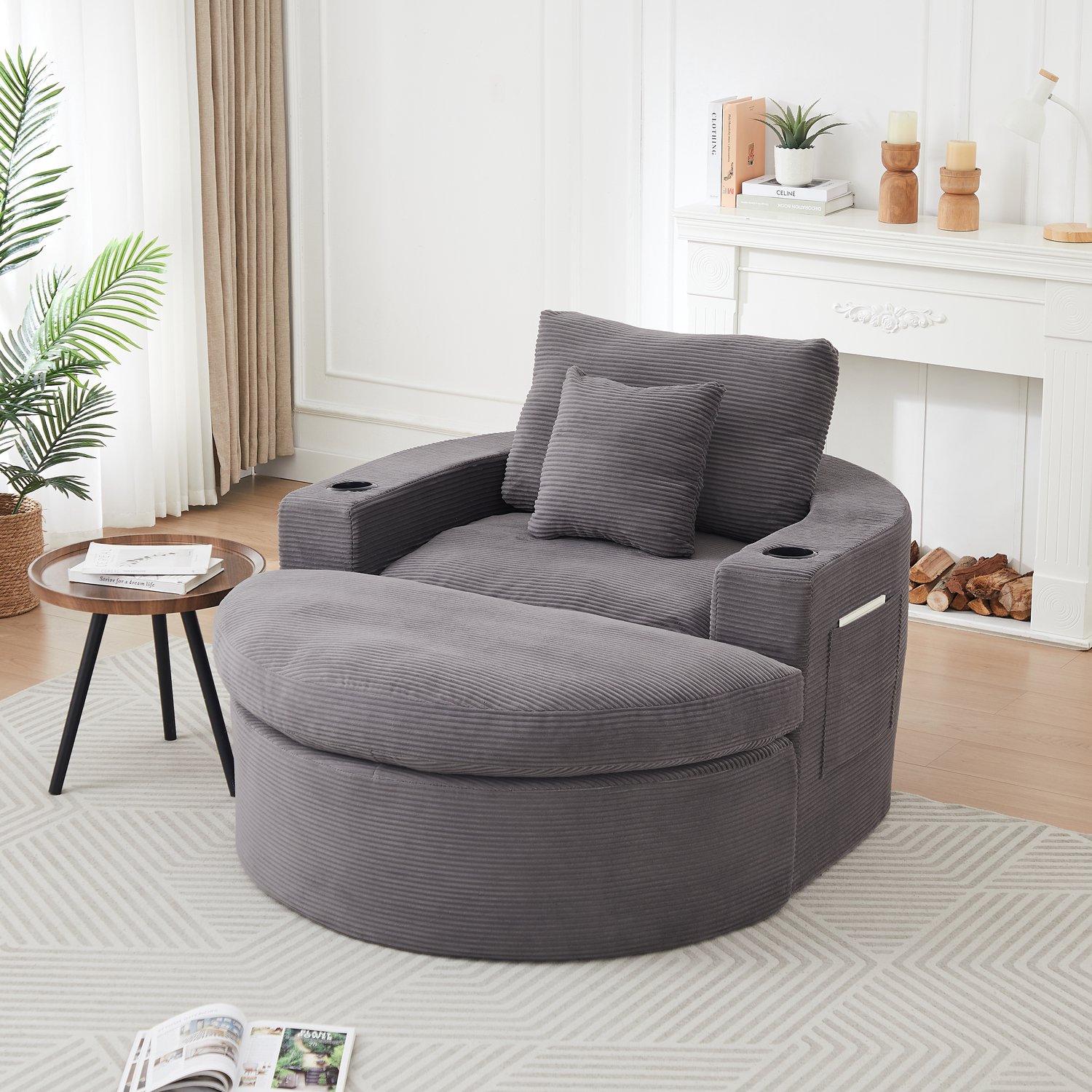 MIVRAY Fauteuil 156 bij 136 bij 88 cm - Ronde Ligfauteuil Met Hocker En Opbergvakken Met Bekerhouders - Voor Woonkamer - Ribstof Grijs