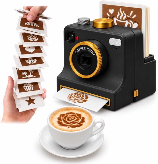 Zwarte retro camera-koffieprinter met gouden accenten en een set verwisselbare sjablonen voor latte-art.