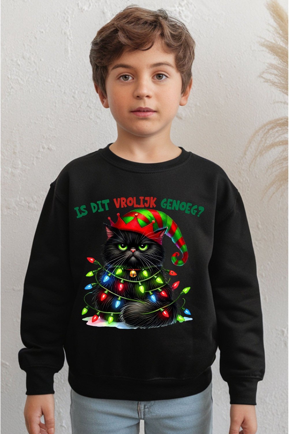 Is Dit Vrolijk Genoeg Kersttrui Kinderen - Jongens Meisjes - Chagrijnige Kat met Kerstlampjes - Kerst Cadeau - Foute Kersttrui Kind - Maat 98/104 (3-4 jaar)