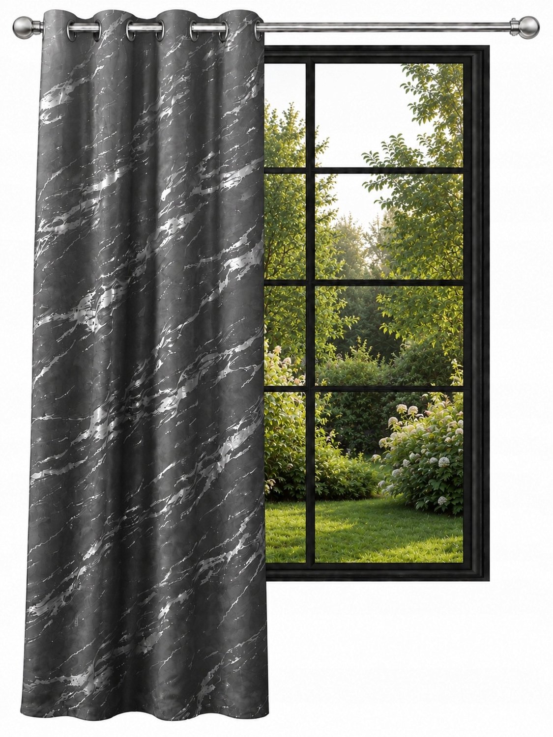 NOW-ART Veloursgordijn - 140 x 250 cm - Donkergrijs met zilverkleurig patroon - Met ringen Donkergrijs;Zilver