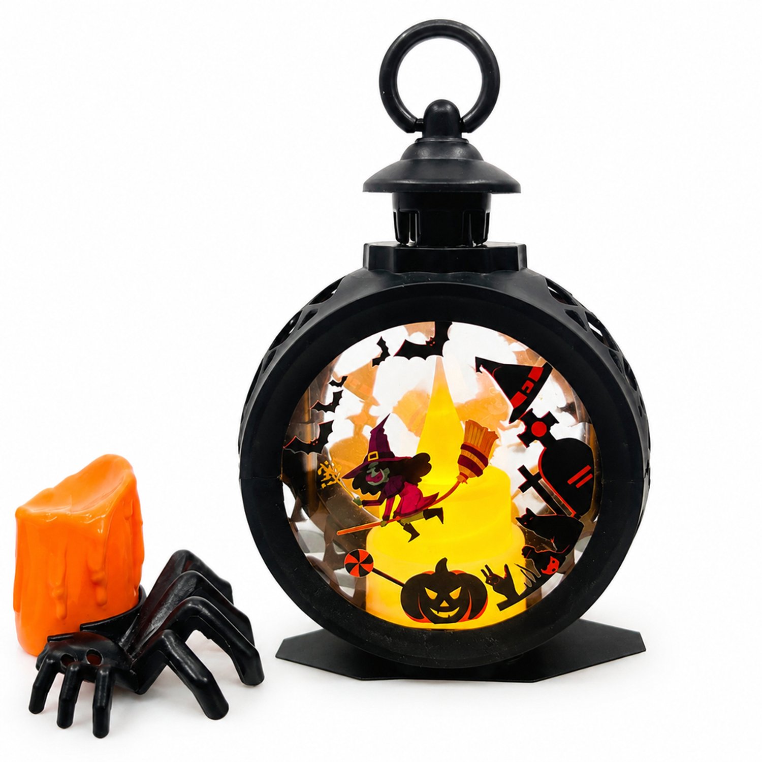 led kaarsen - Zwarte retro Halloweenlantaarn met heksenmotief en draagring, 8,9 x 4,7 x 13,7 cm, individuele kleurendoos