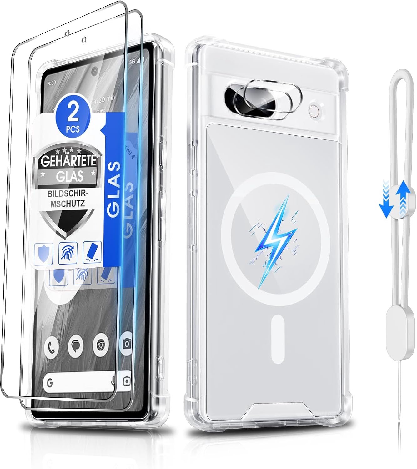 Hoes voor Google Pixel 7a, 2x schermfolie, 2x cameraprotectie, voor MagSafe, anti-vergeling, handketting