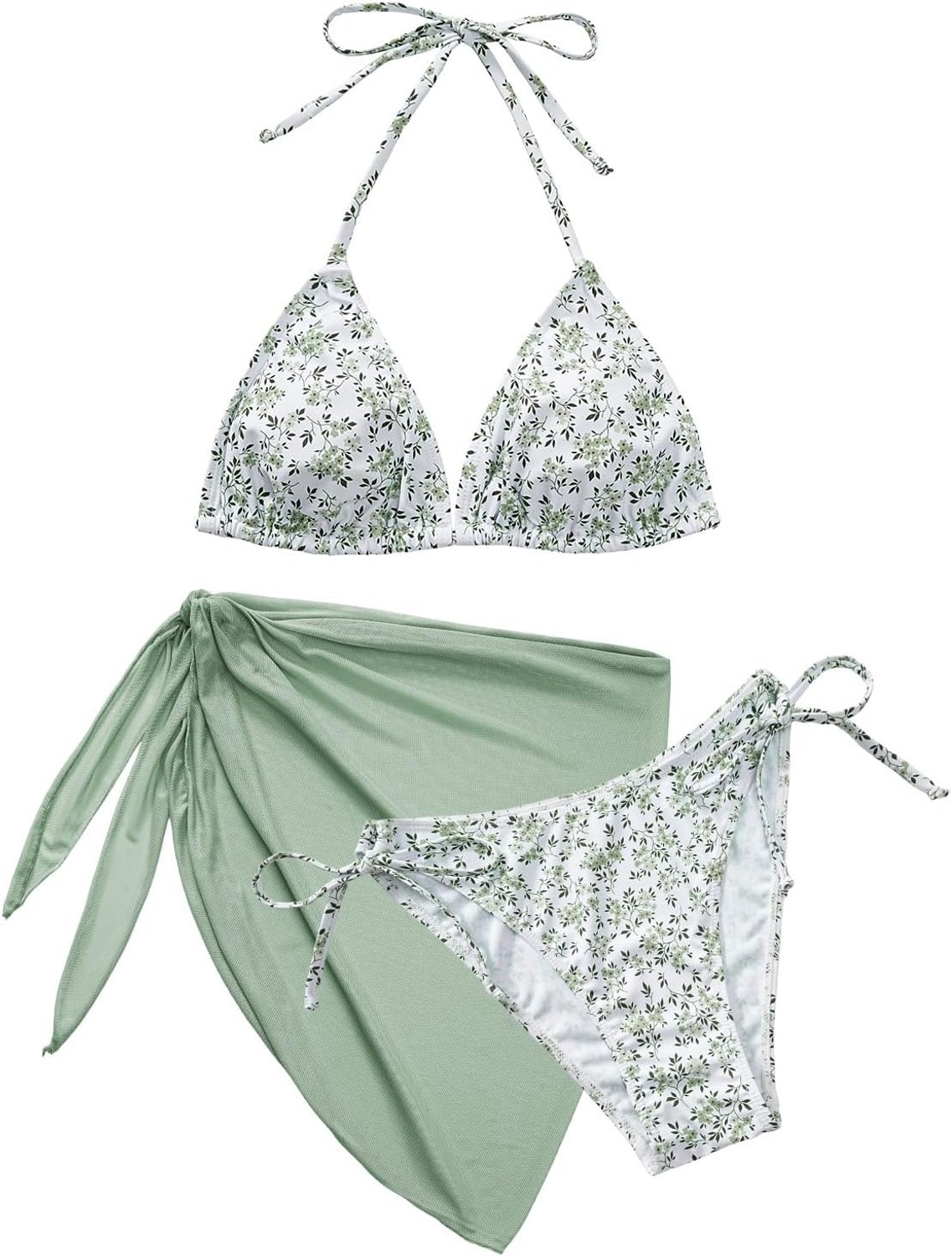 3-delige bikini set met driehoekige top, push-up en V-hals