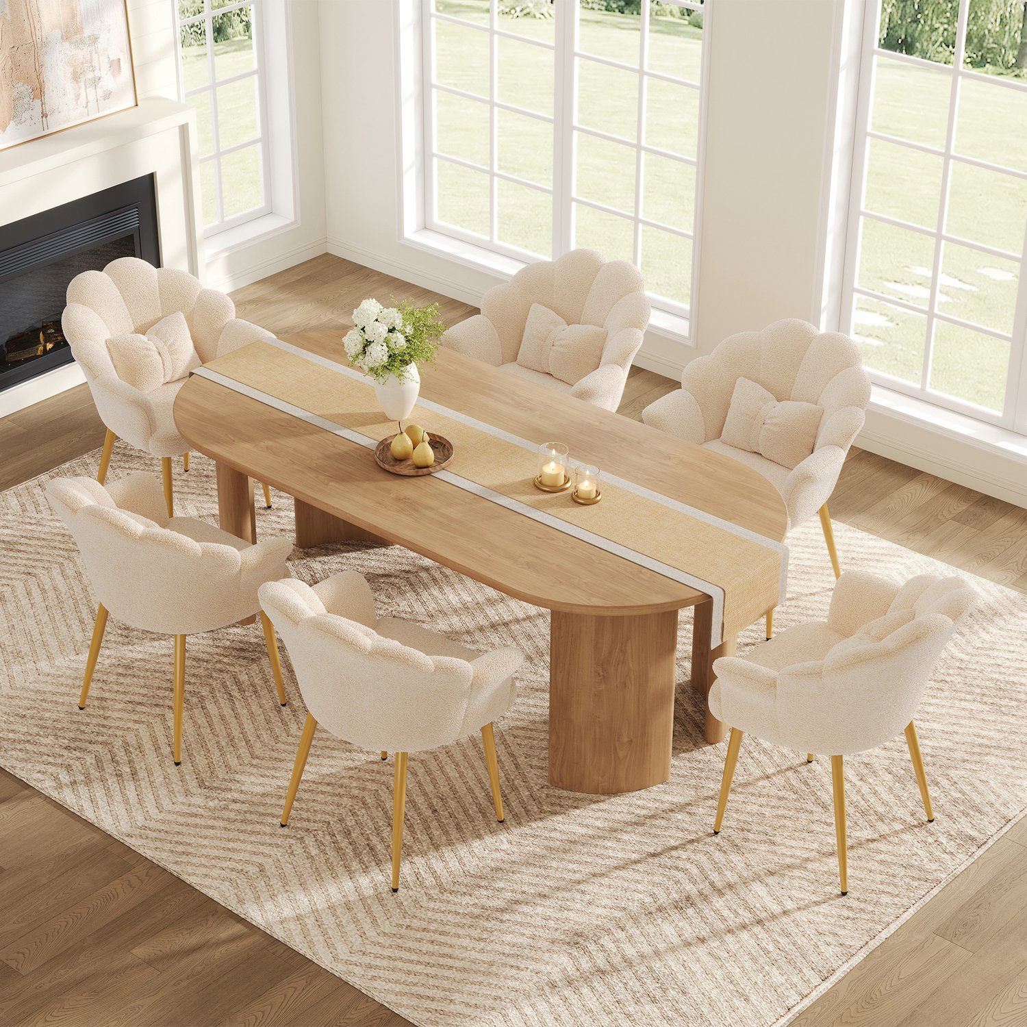 MIVRAY Eetkamerstoel Set Van 6 - Met Armleuningen En Kussens - Teddy-Stof - Beige