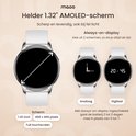 Details van het 1,32 inch AMOLED-scherm, met opties voor analoog en digitaal always-on-display.